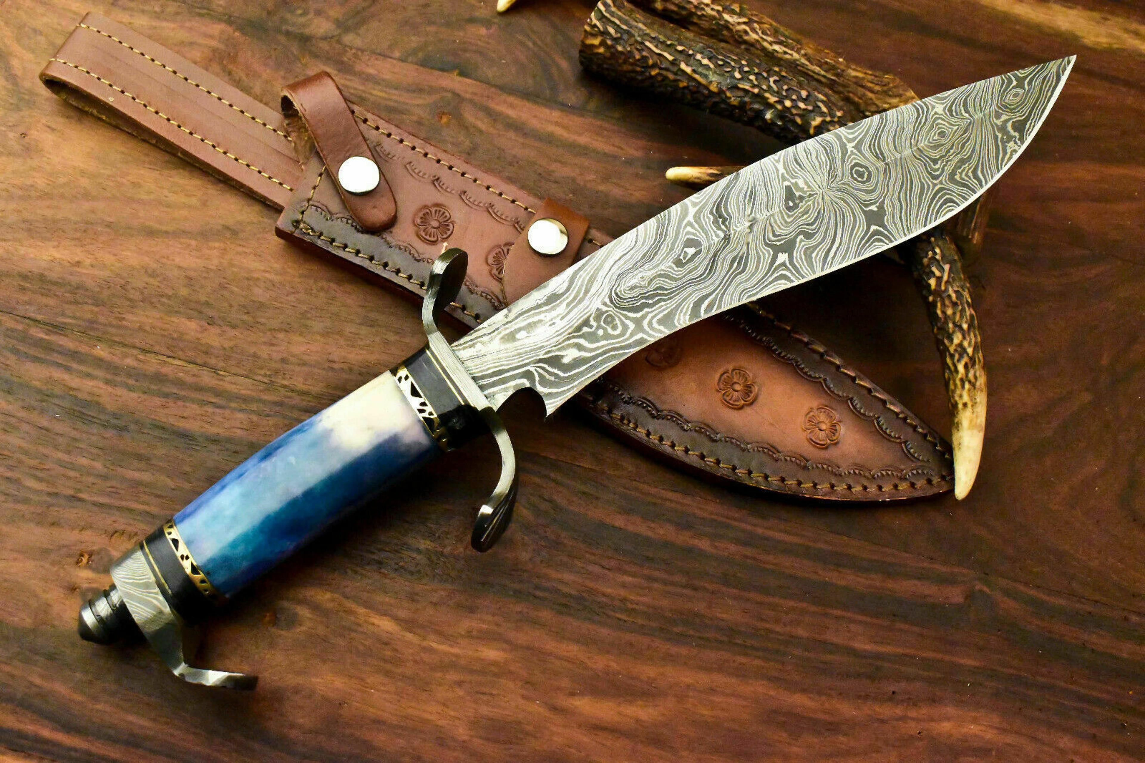 handmade damascus steel bowie knife, hunting knife,fixed blade knife,