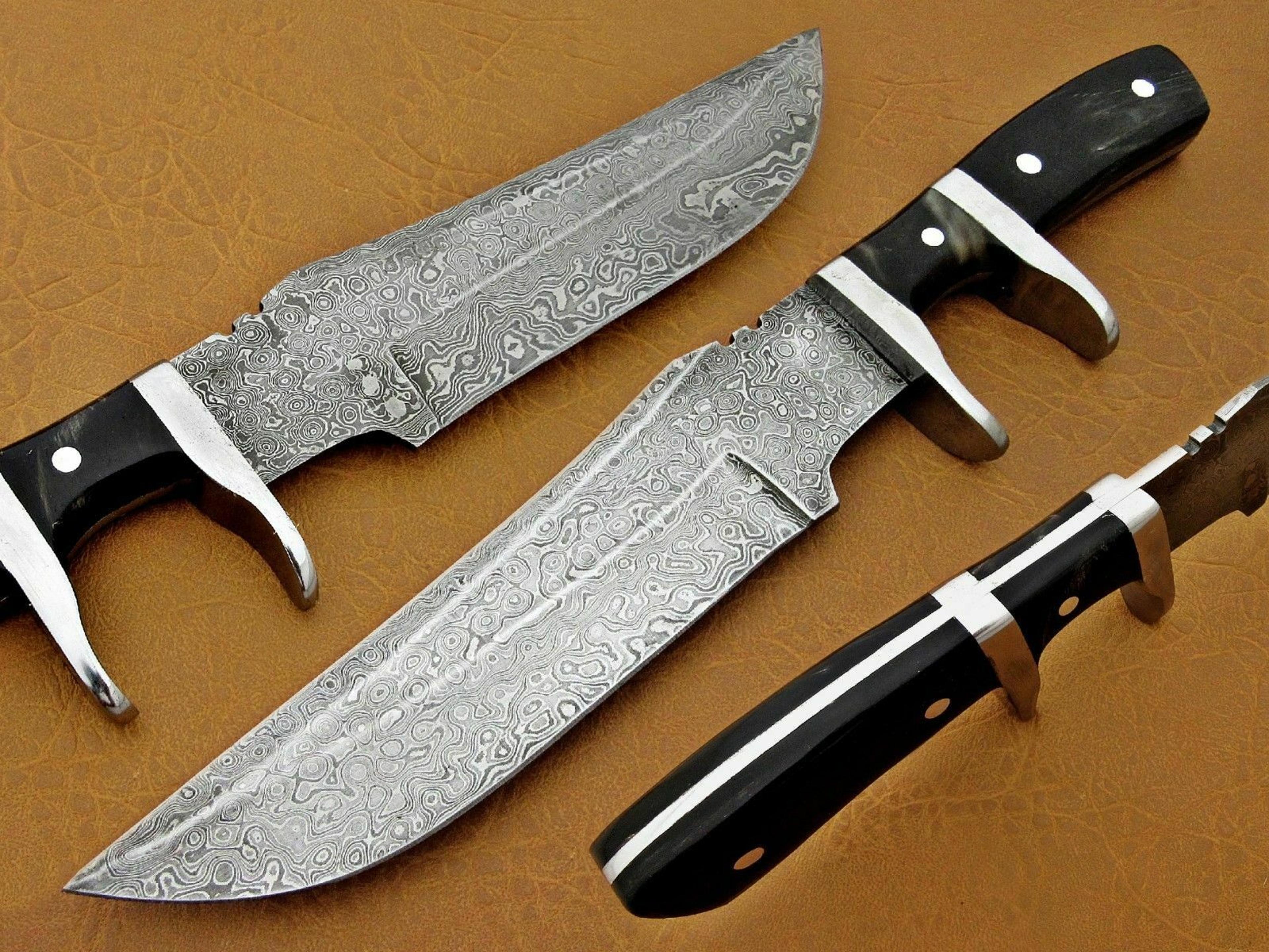 custom handmade damascus steel hunting knife with sheath buffalo horn handle,