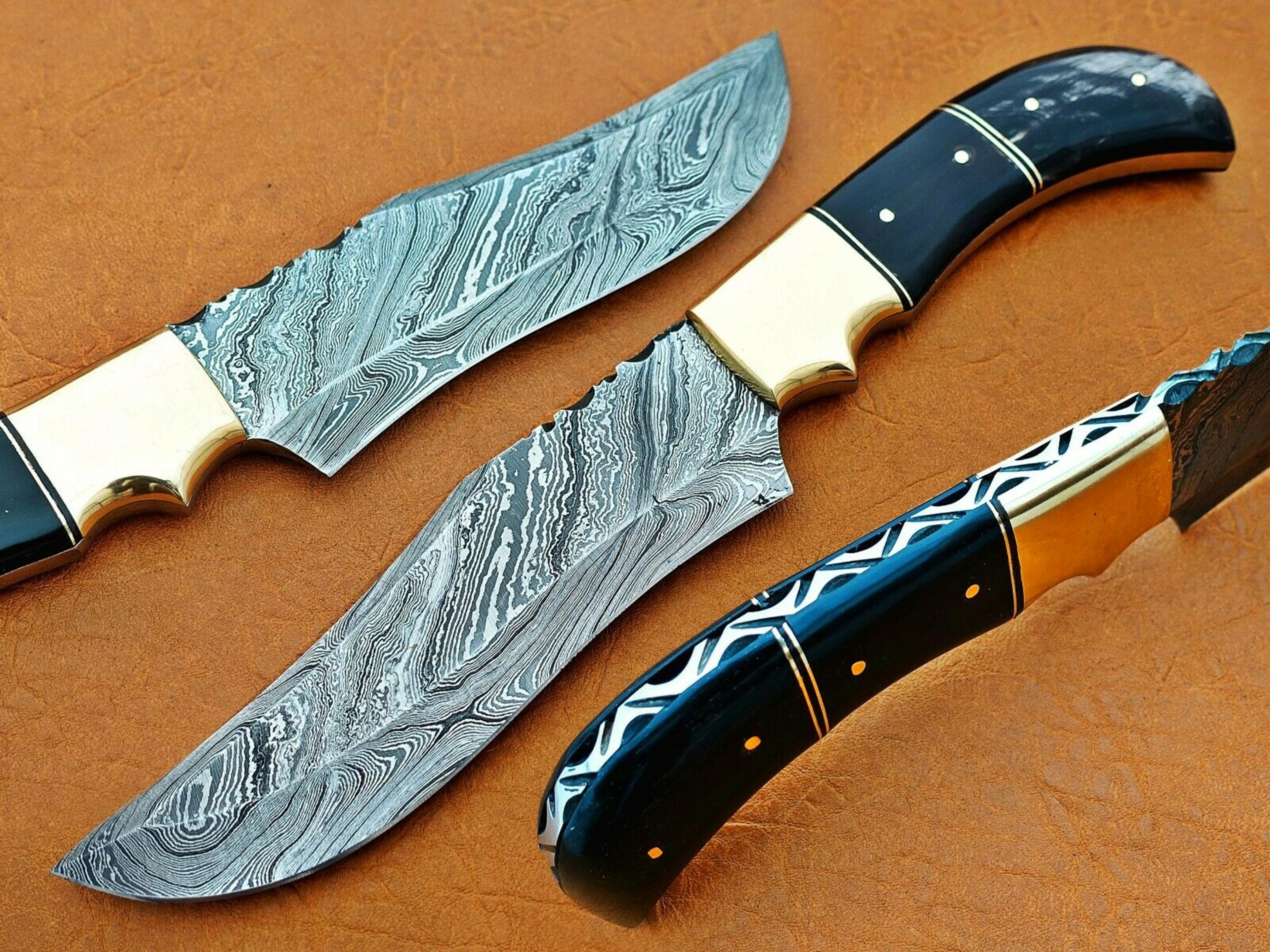 custom handmade damascus steel hunting knife buffalo horn sheath,
