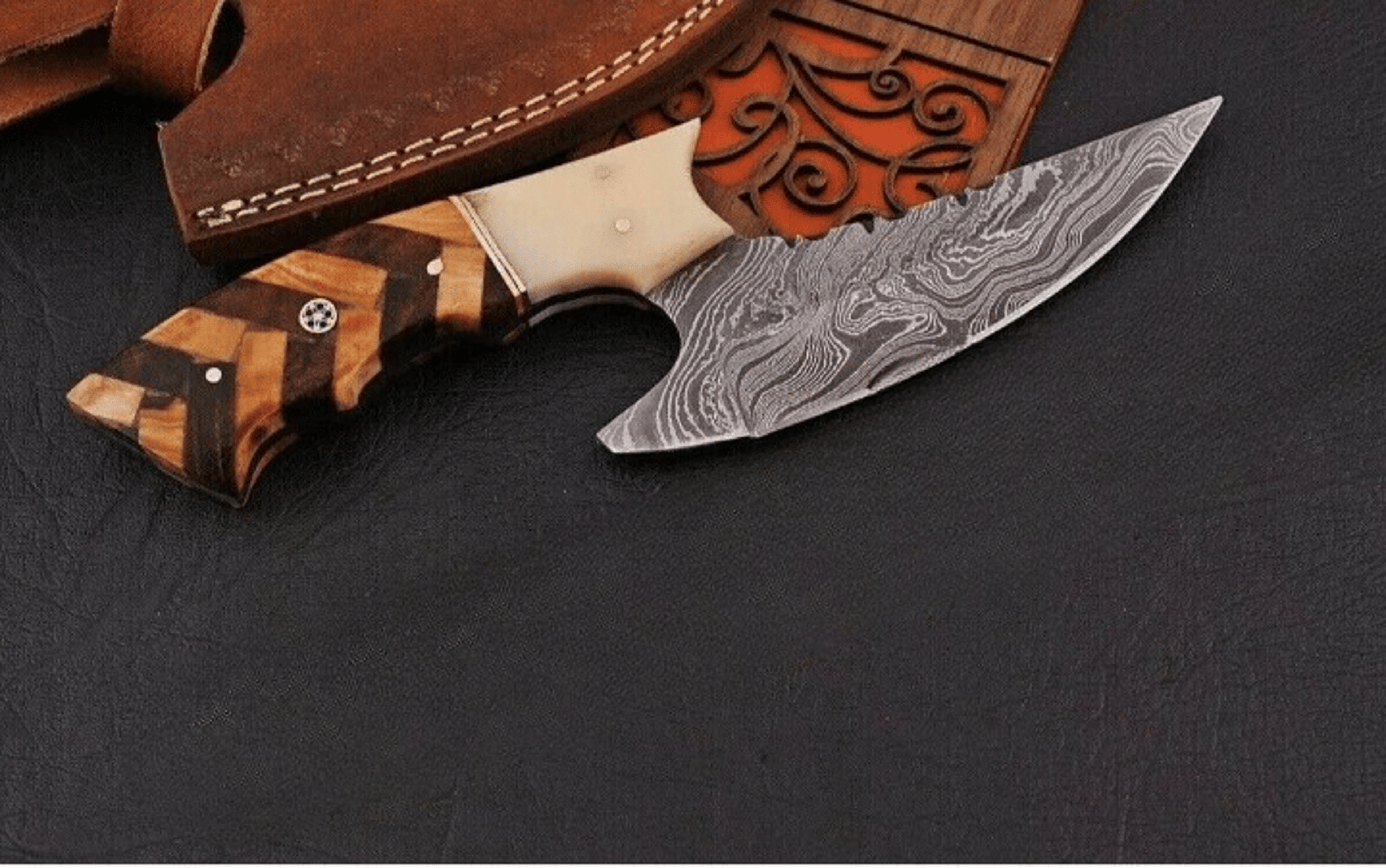 hand forged damascus steel hunting knife w rose wood & olive wood handle,