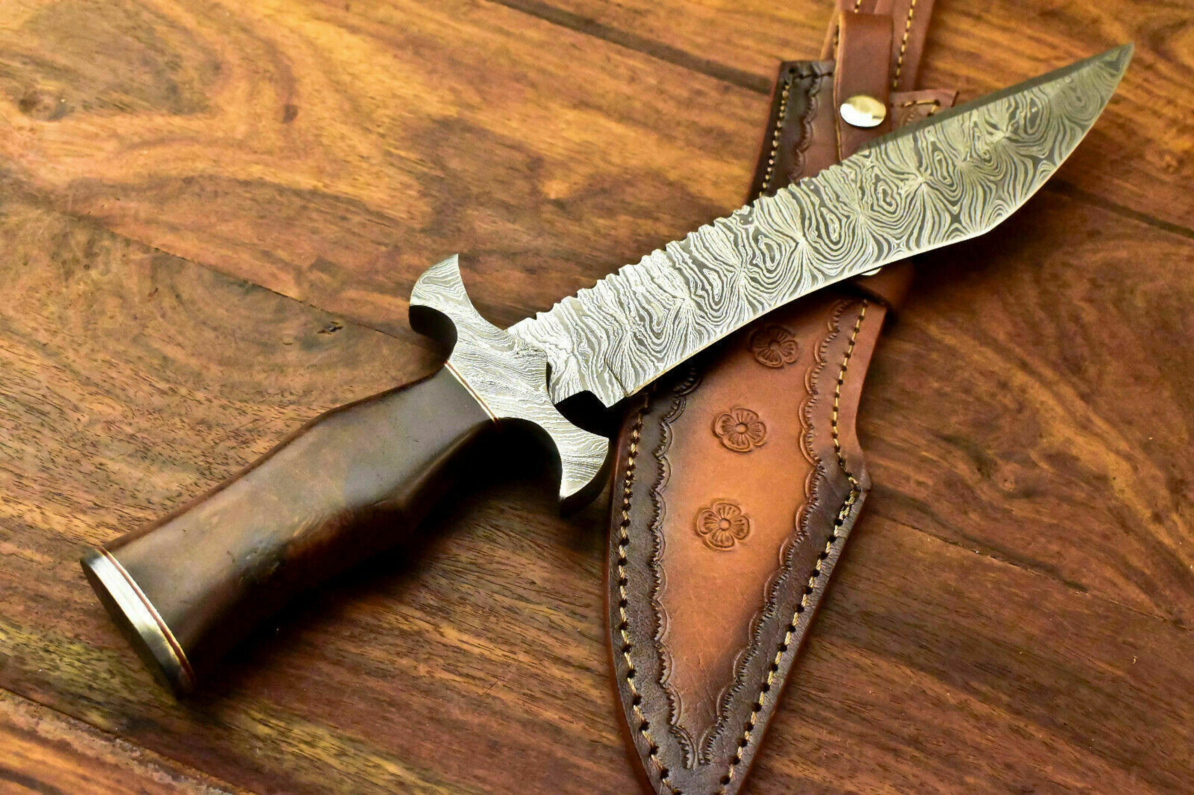 custom handmade damascus steel bowie knife sheath natural rose wood handle,