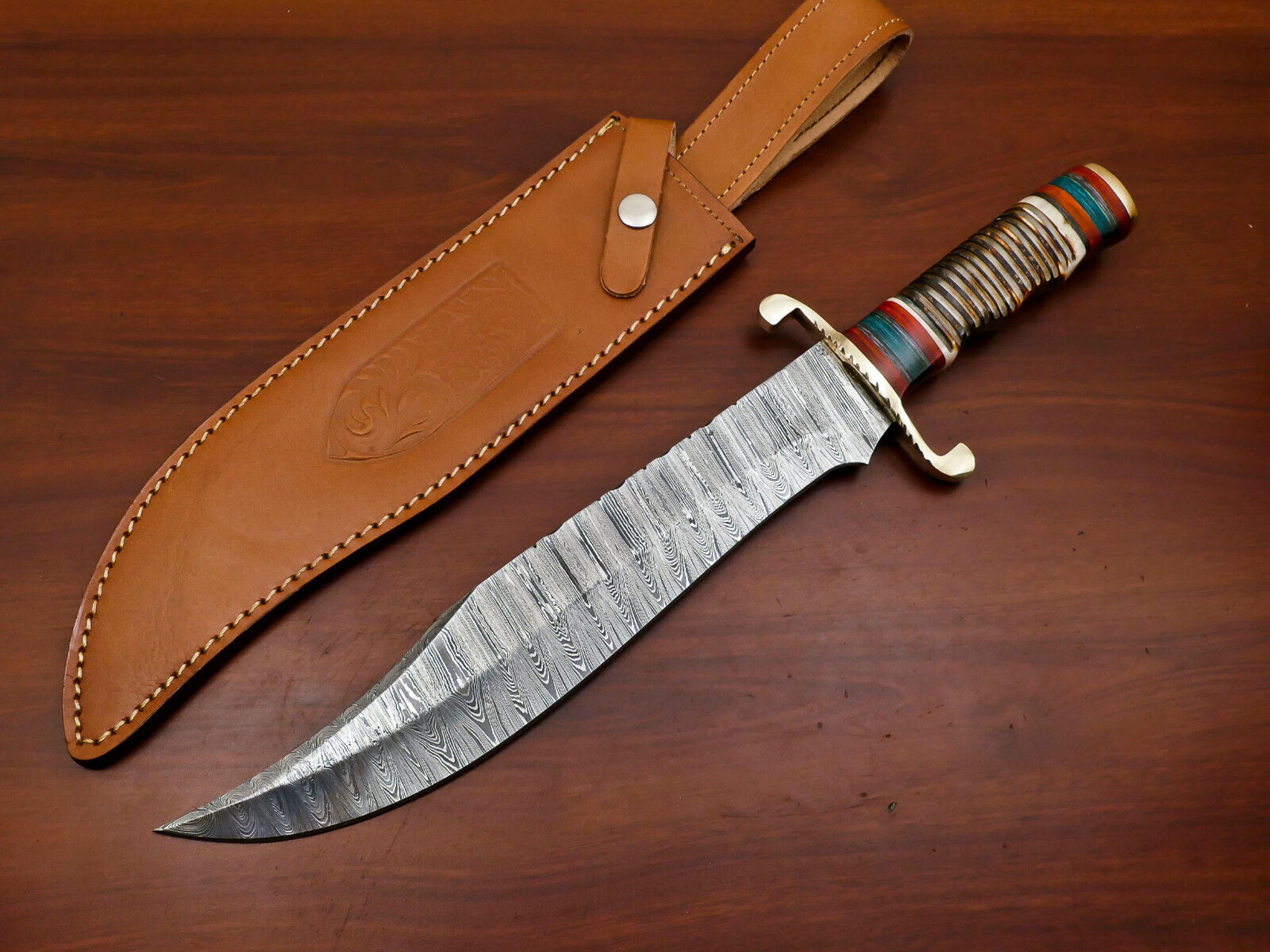 custom handmade forged damascus blade bowie knife,fixed blade knife burn camel bone