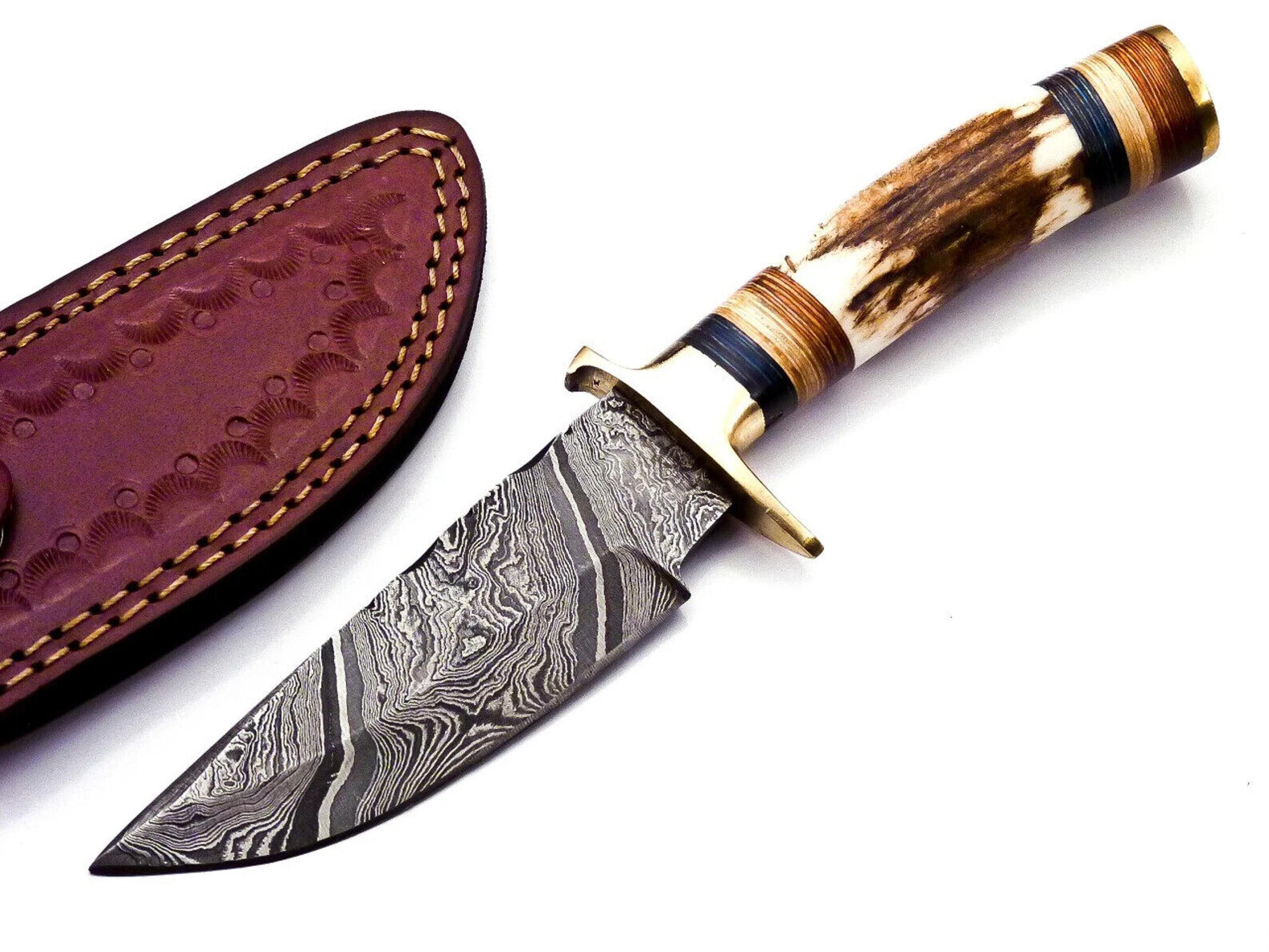 custom handmade damascus steel hunting bowie knife with leather sheath