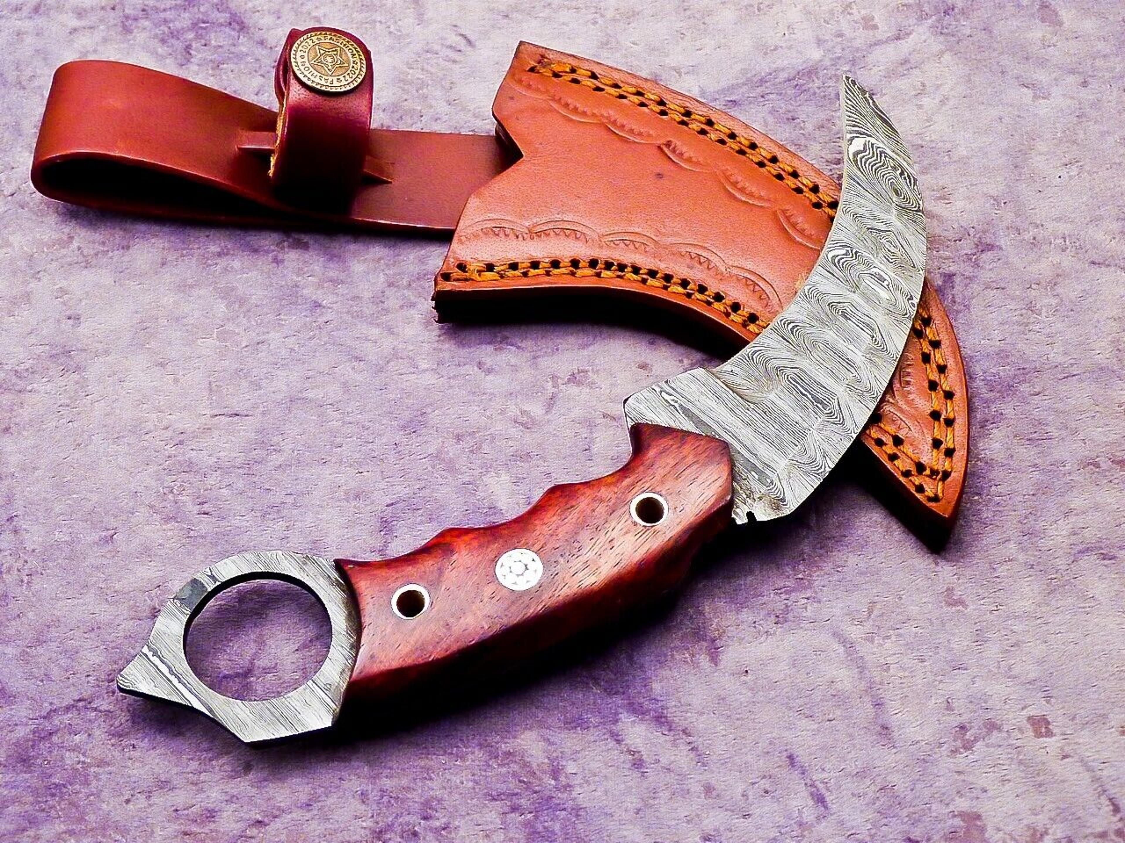 custom handmade damascus karambit hunting knife handle hard wood,