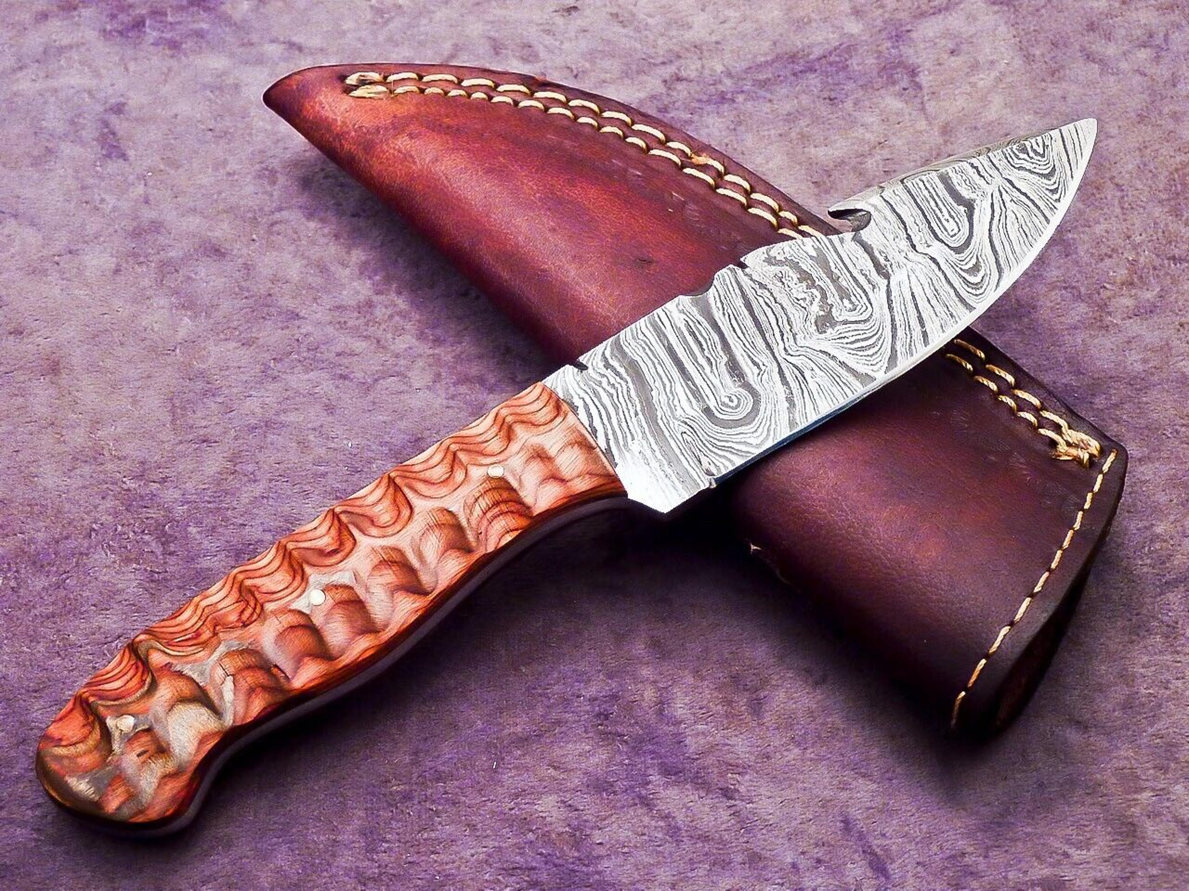 custom handmade forged damascus steel skinning camping knife hard wood handle,