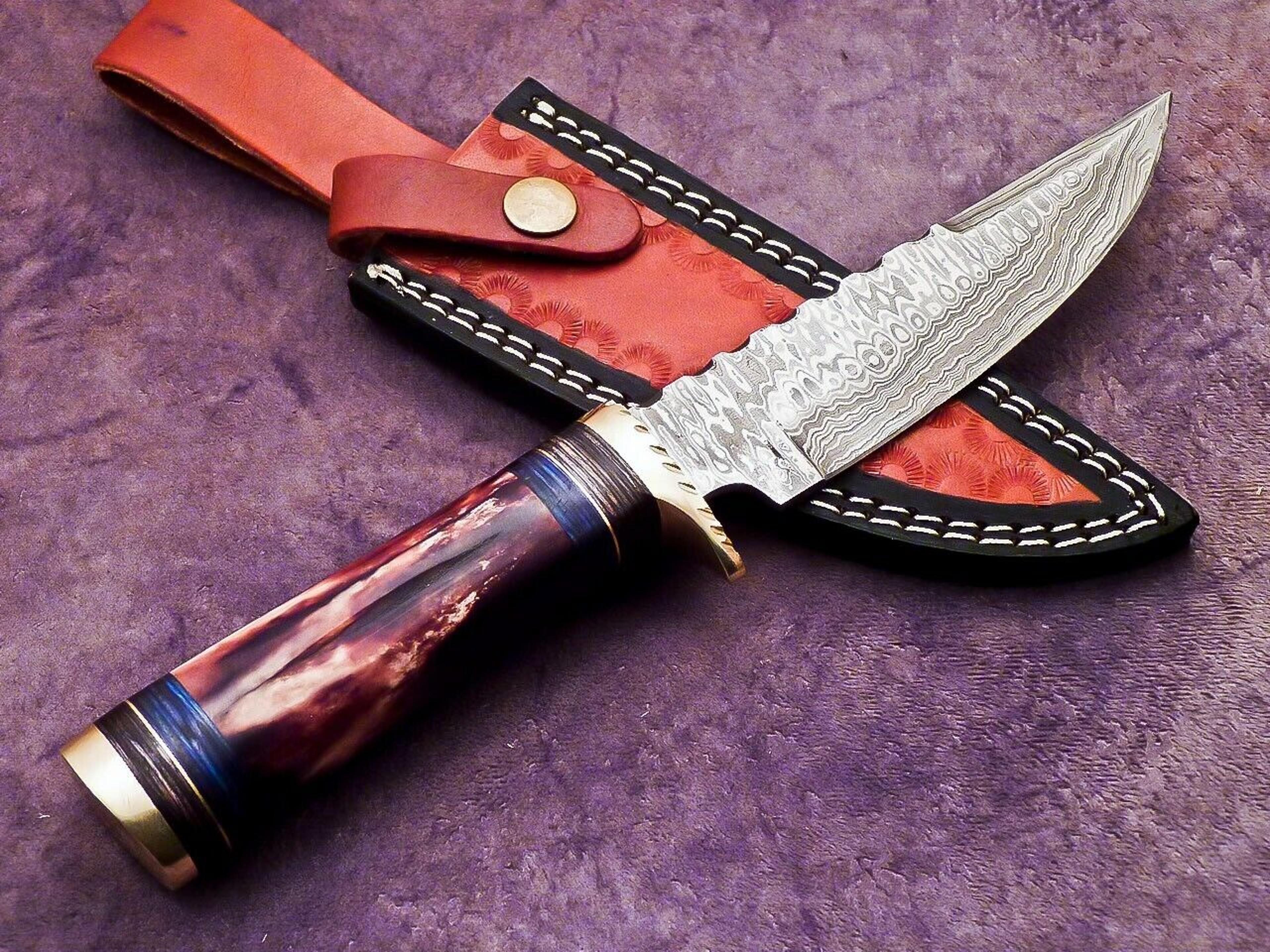 beautifull custom handmade forged damascus blade camping bowie hunting knife,