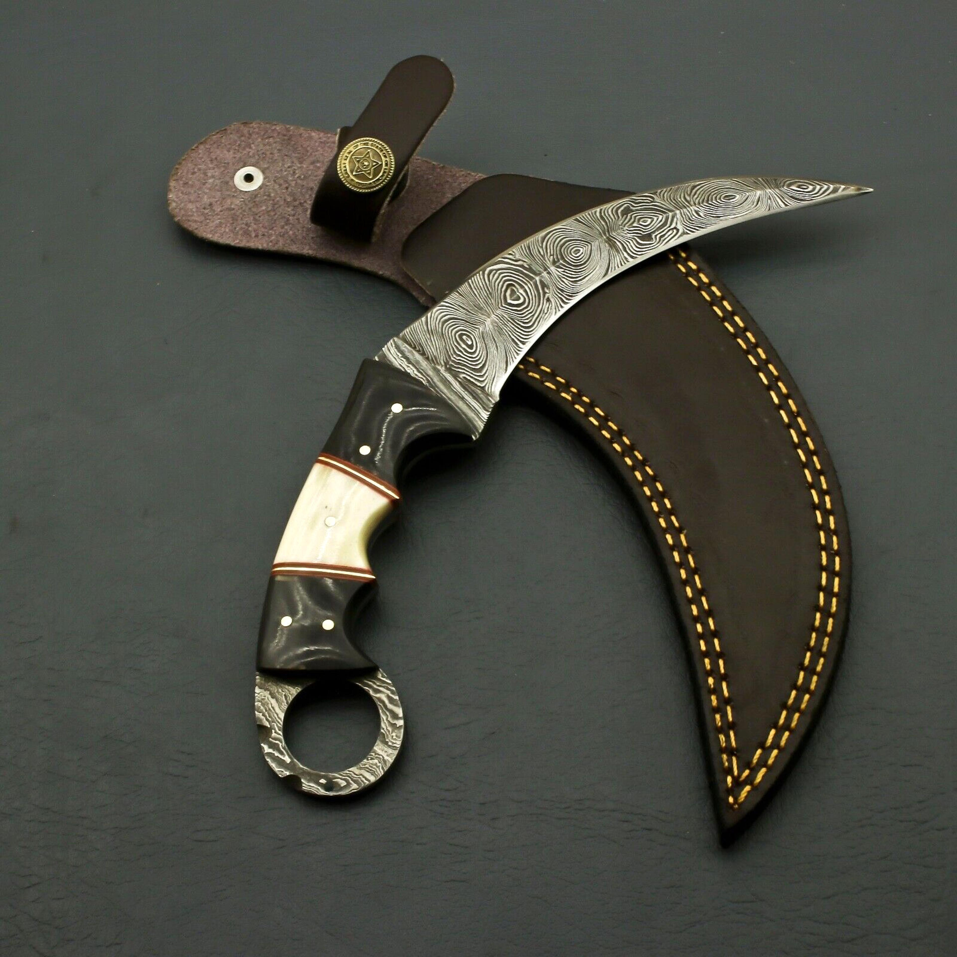 beautifull custom hand forged damascus steel karambit hunting camping knife,