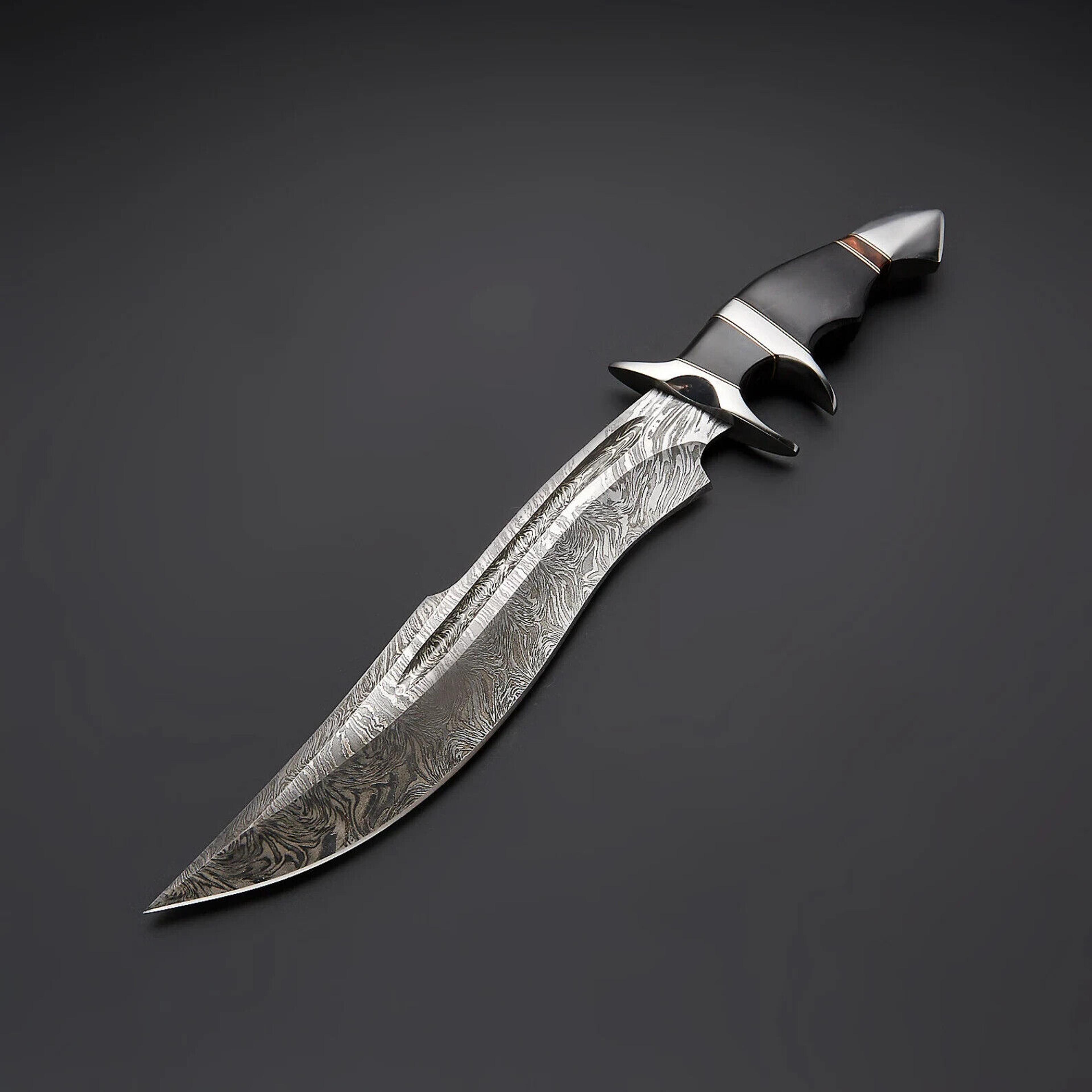 custom handmade damascus steel hunting bowie knife fixed blade knife with leather sheath