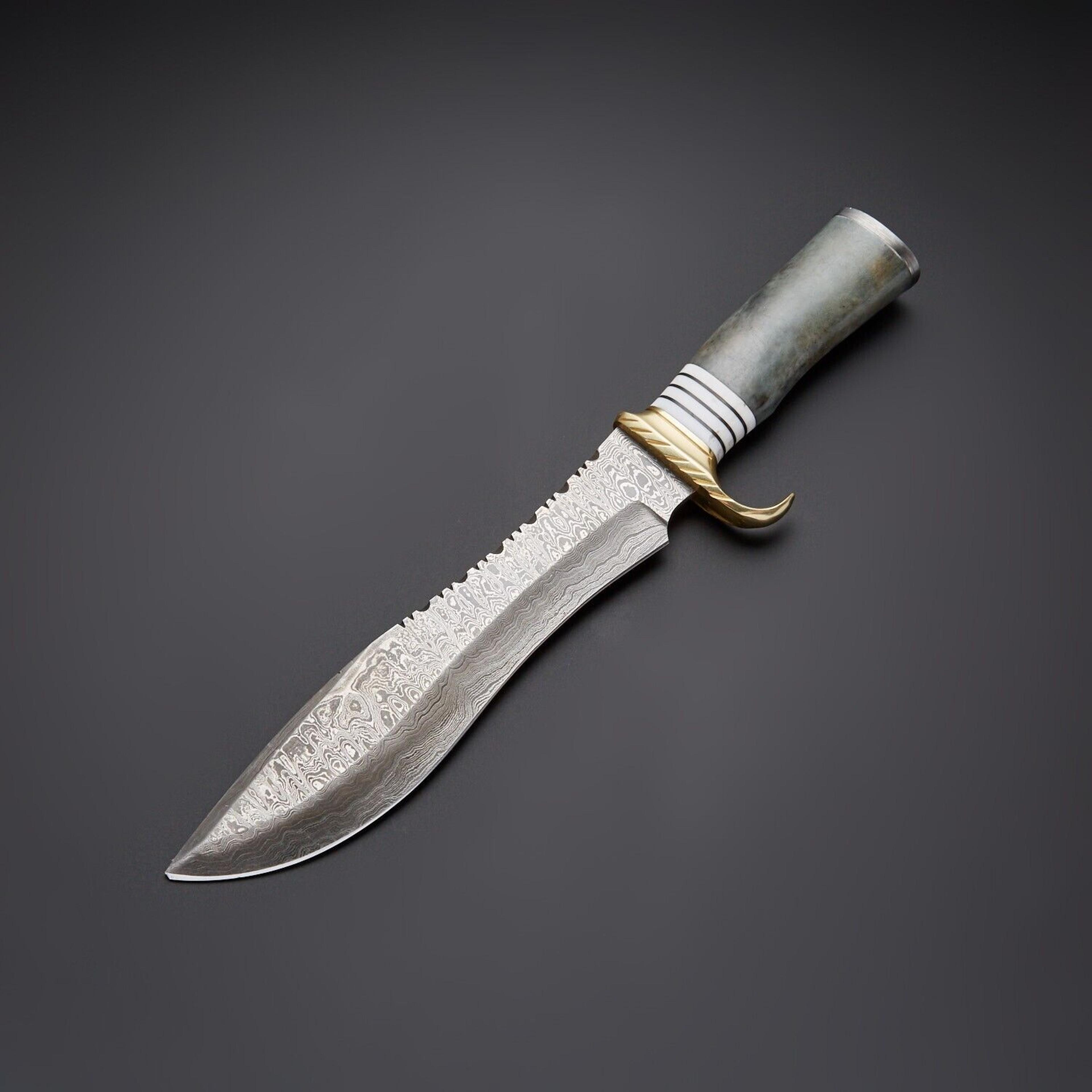 beautifull custom handmade damascus steel hunting bowie knife fixed blade knife with leather sheath