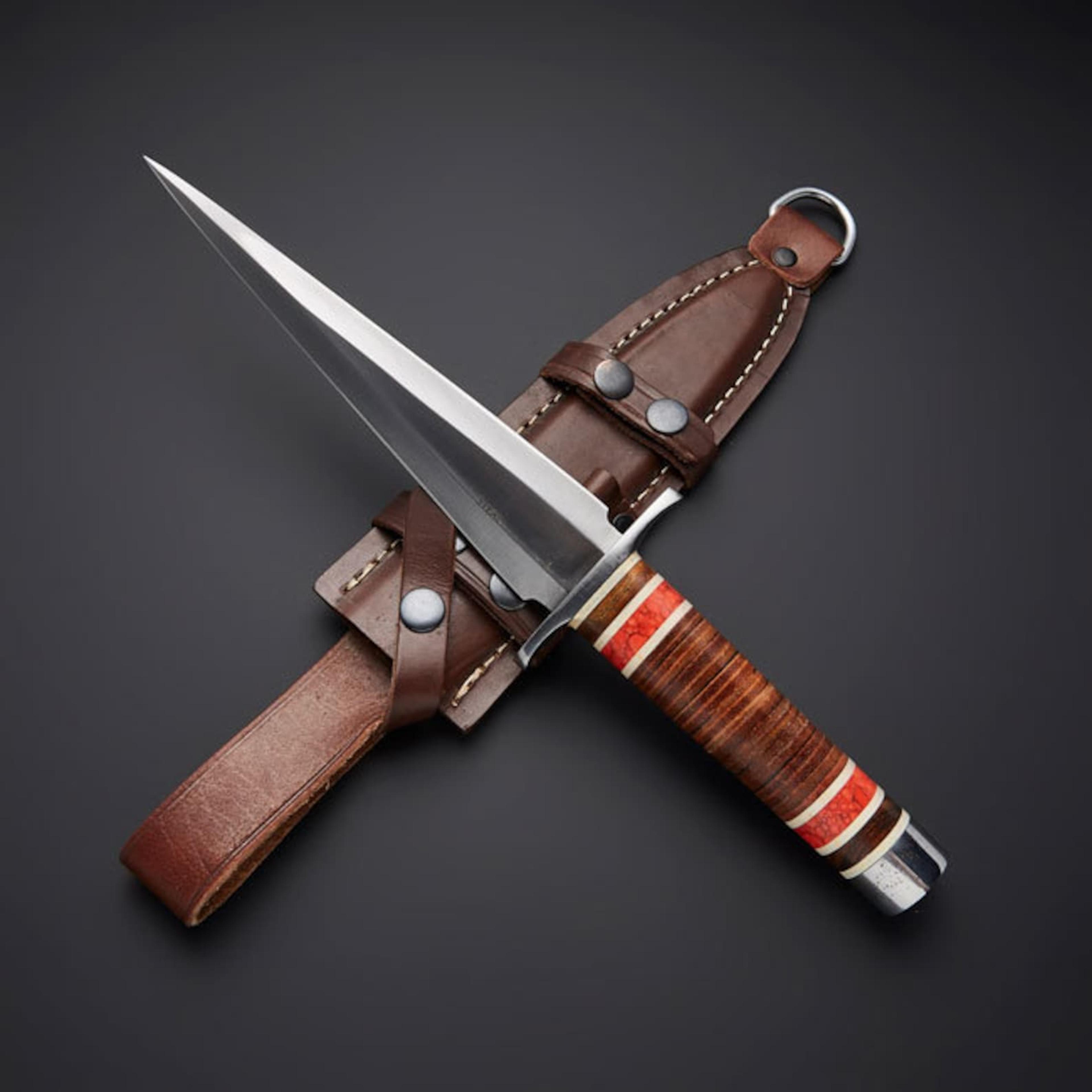 handmade double edge dagger knife with stainless steel spear point blade & leather sheath