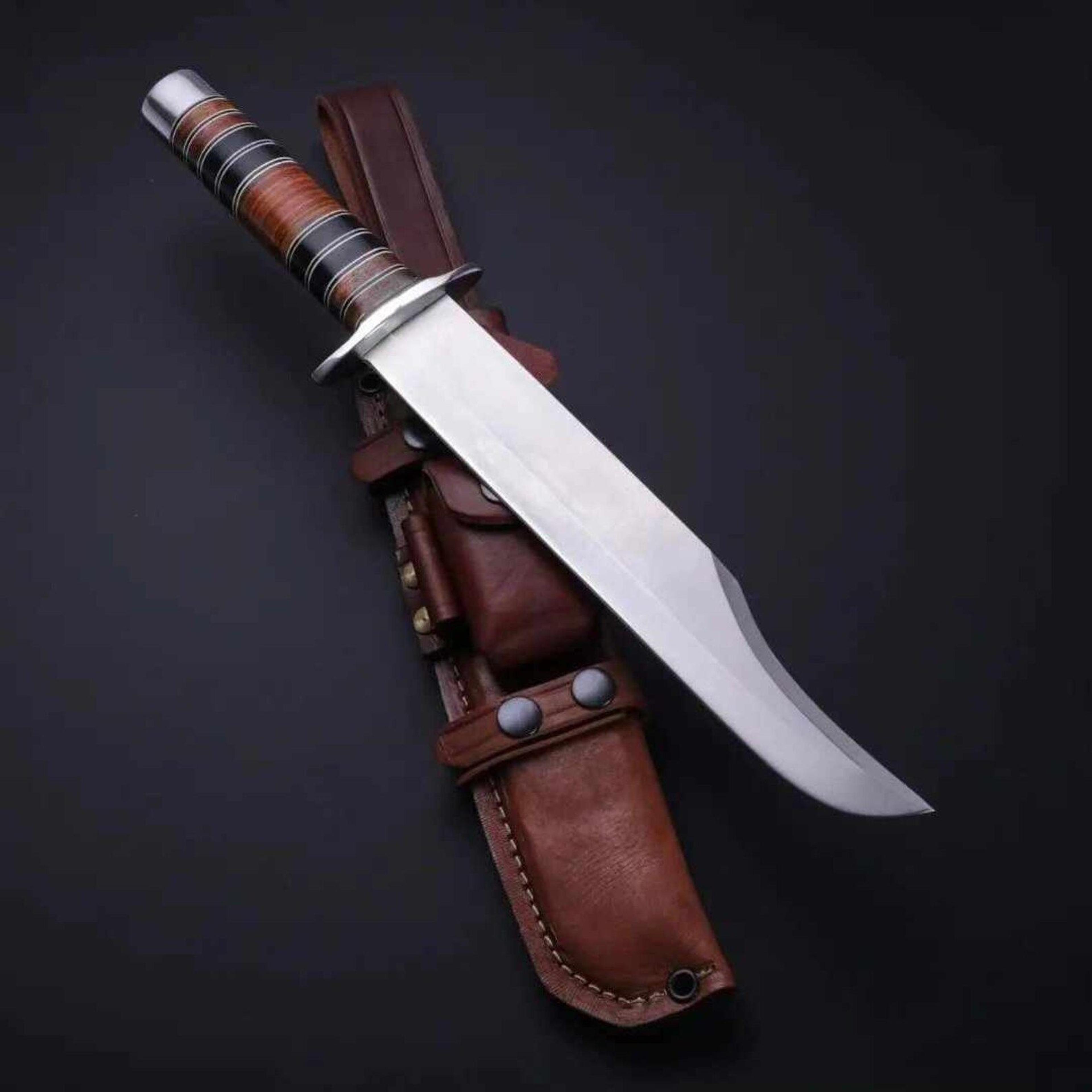 handmade bowie machete knife with stainless steel blade, leather handle & genuine leather sheath
