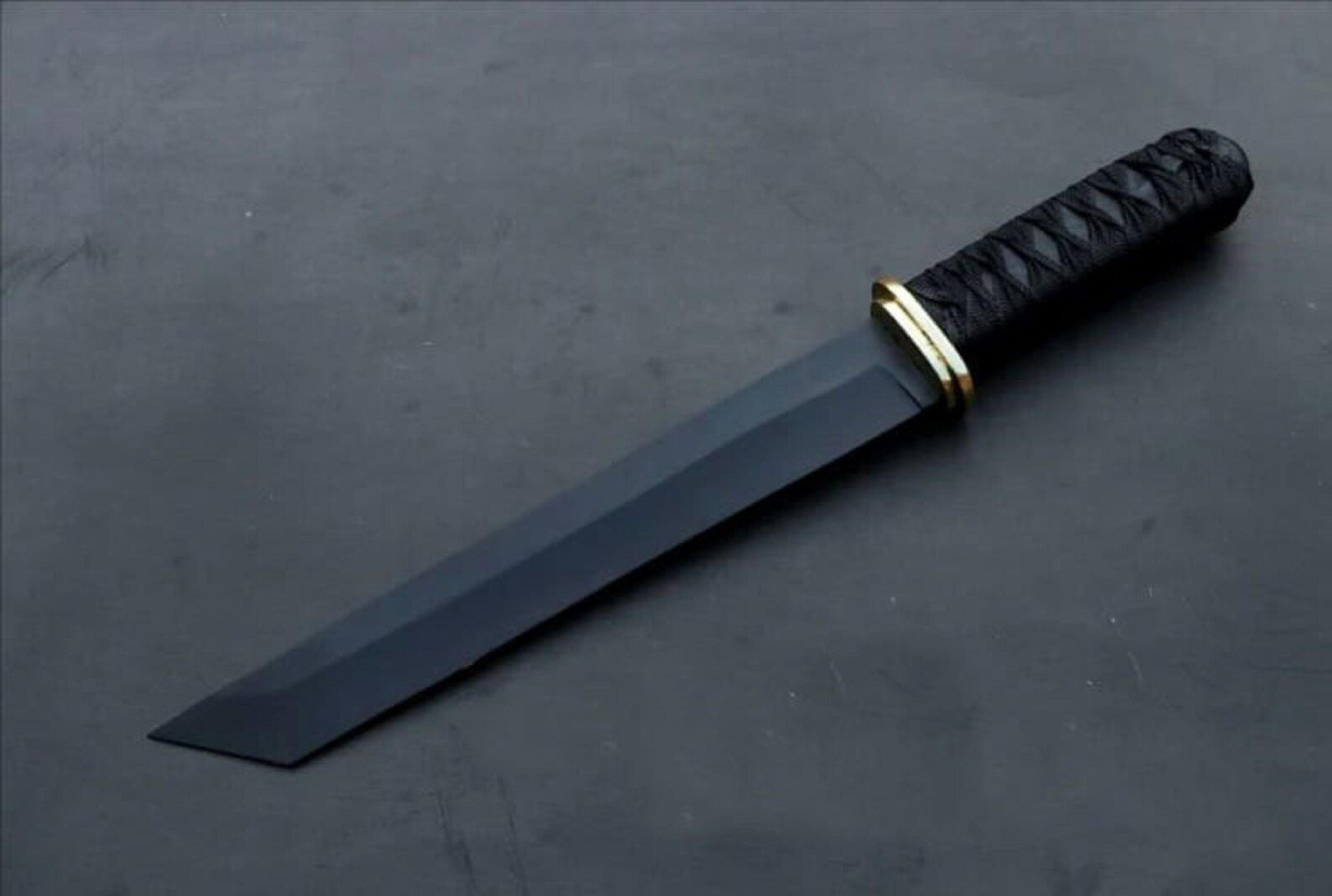 luxury handmade tanto tactical knife – premium black stainless steel fixed blade with wrapped handle