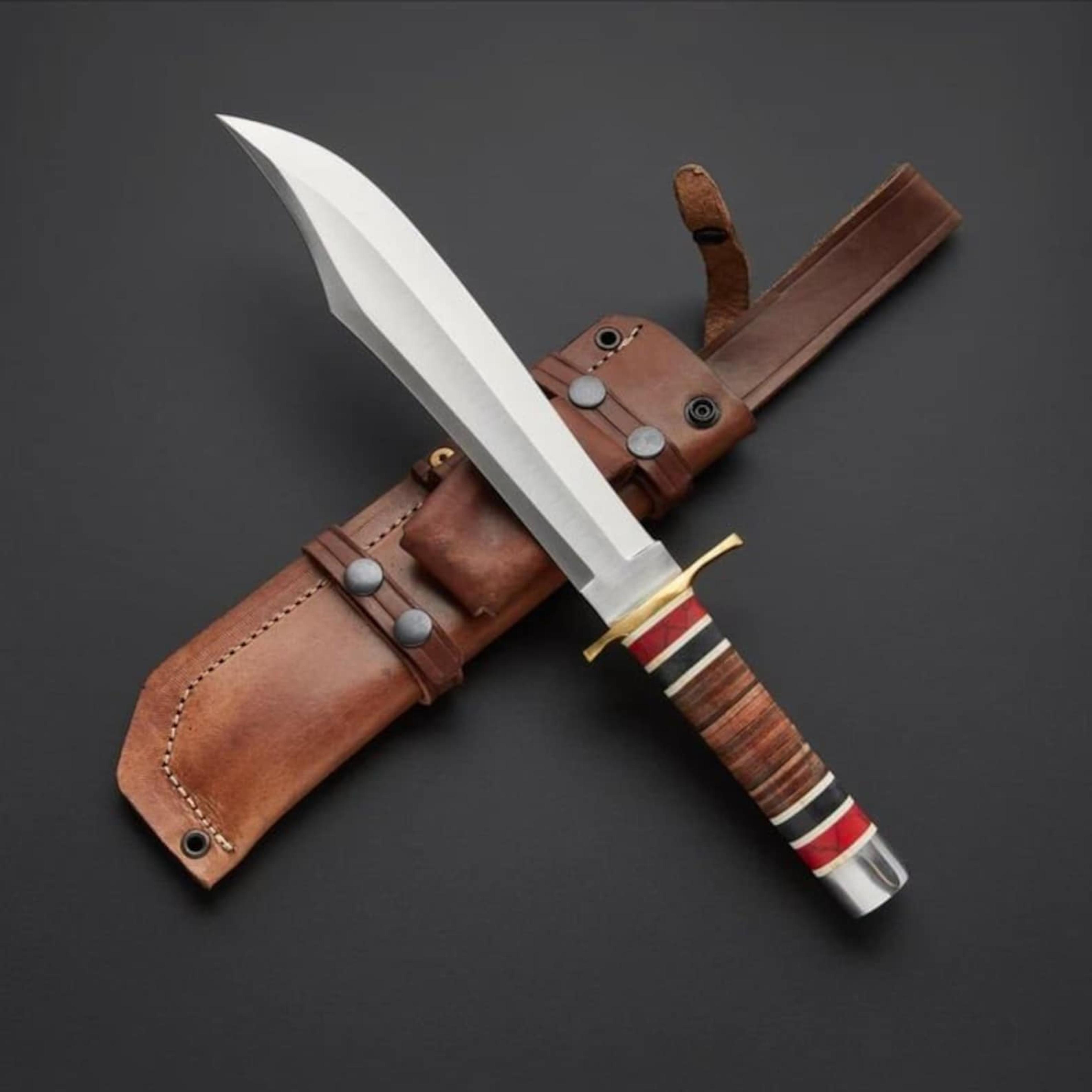 premium handmade bowie hunting knife – stainless steel fixed blade with stacked leather handle