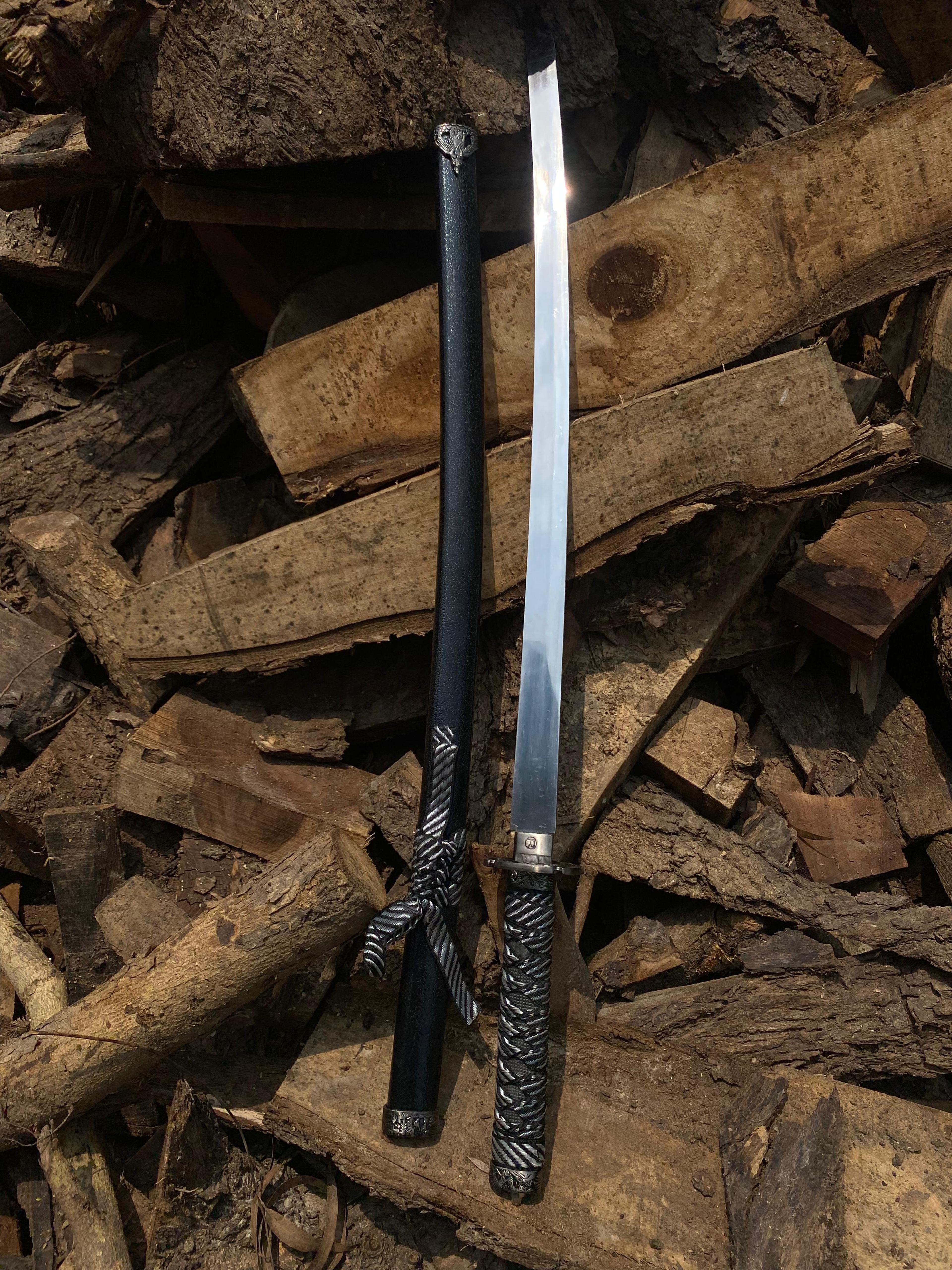 samurai katana sword with stainless steel blade & black wooden saya for display, cosplay & collectors gift