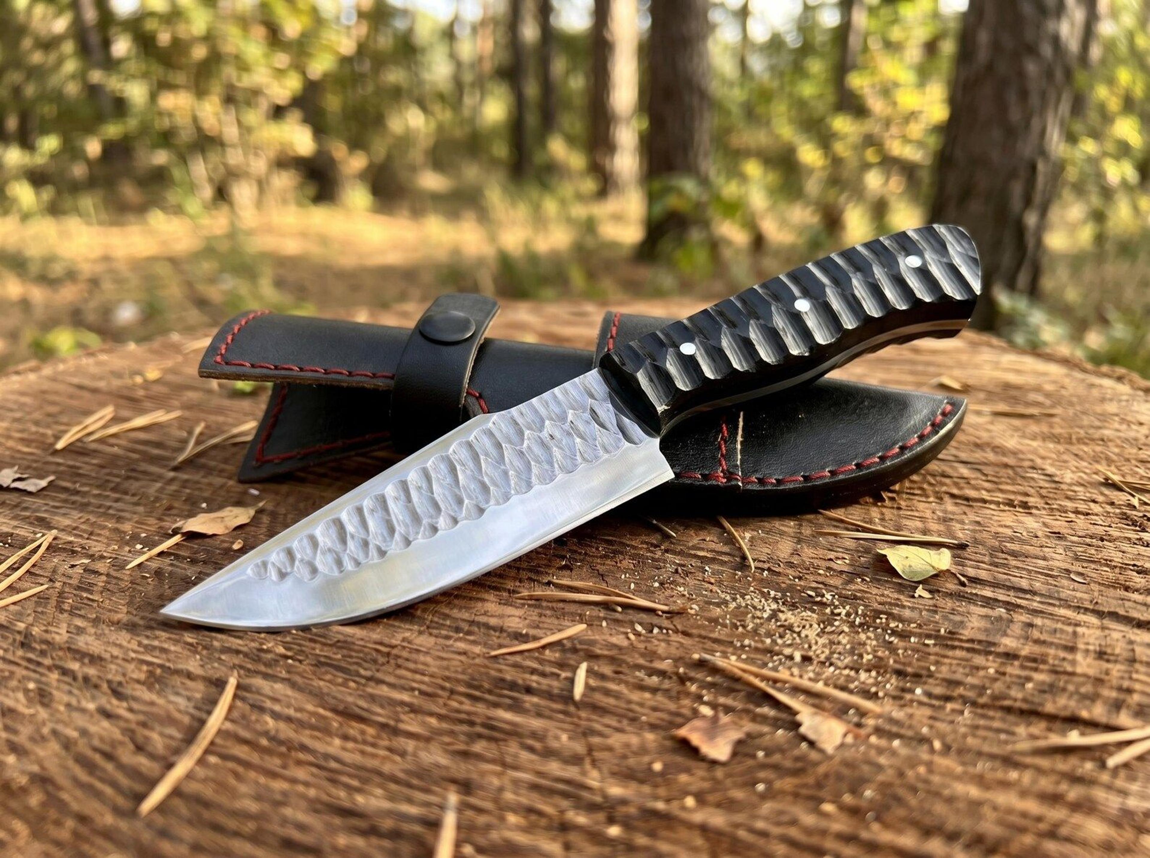 handmade forged hunting knife with hammered high carbon steel blade & black g10 handle – premium bushcraft