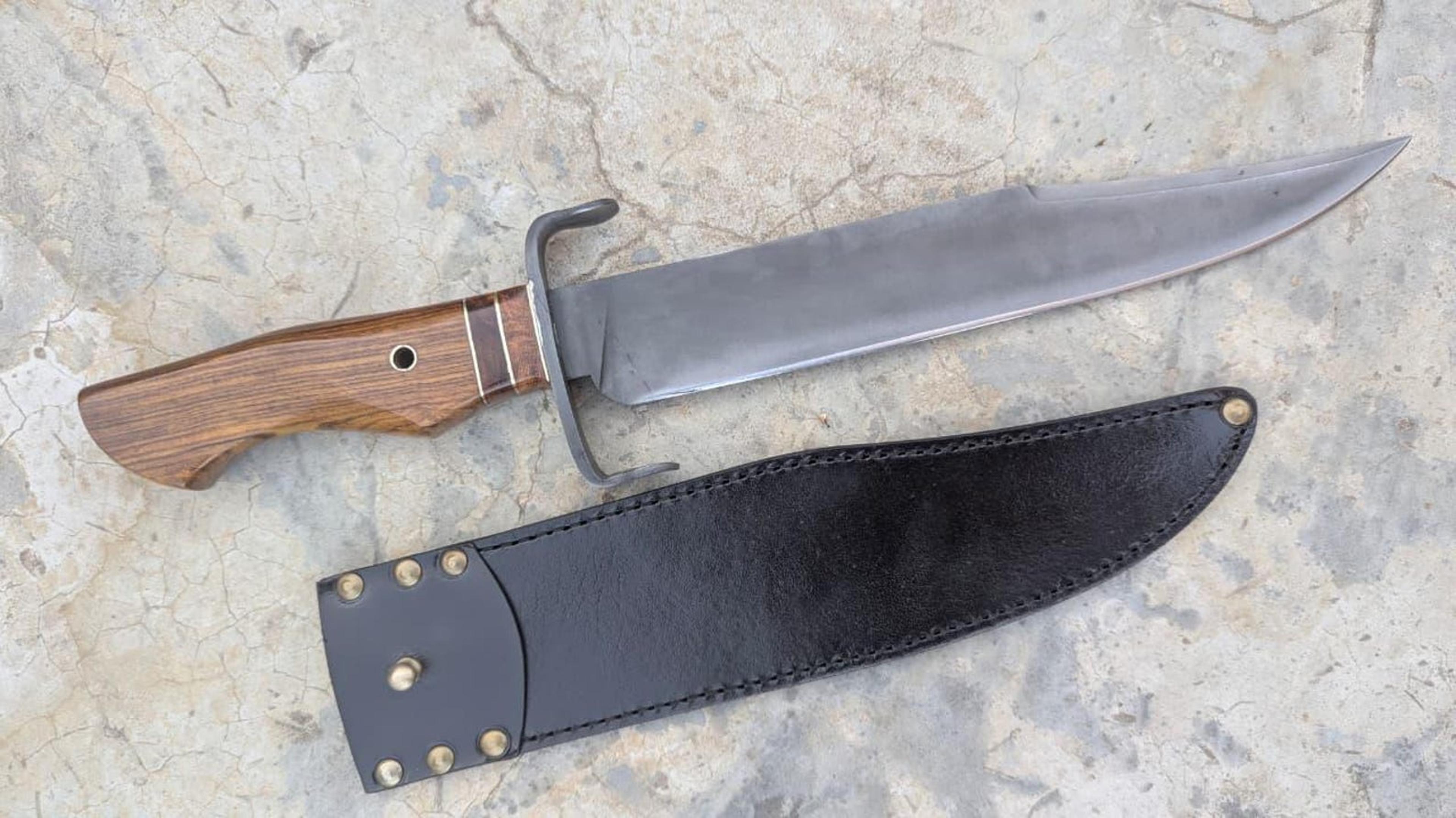 hand forged frontier bowie knife – wide carbon steel blade with wood handle & leather sheath