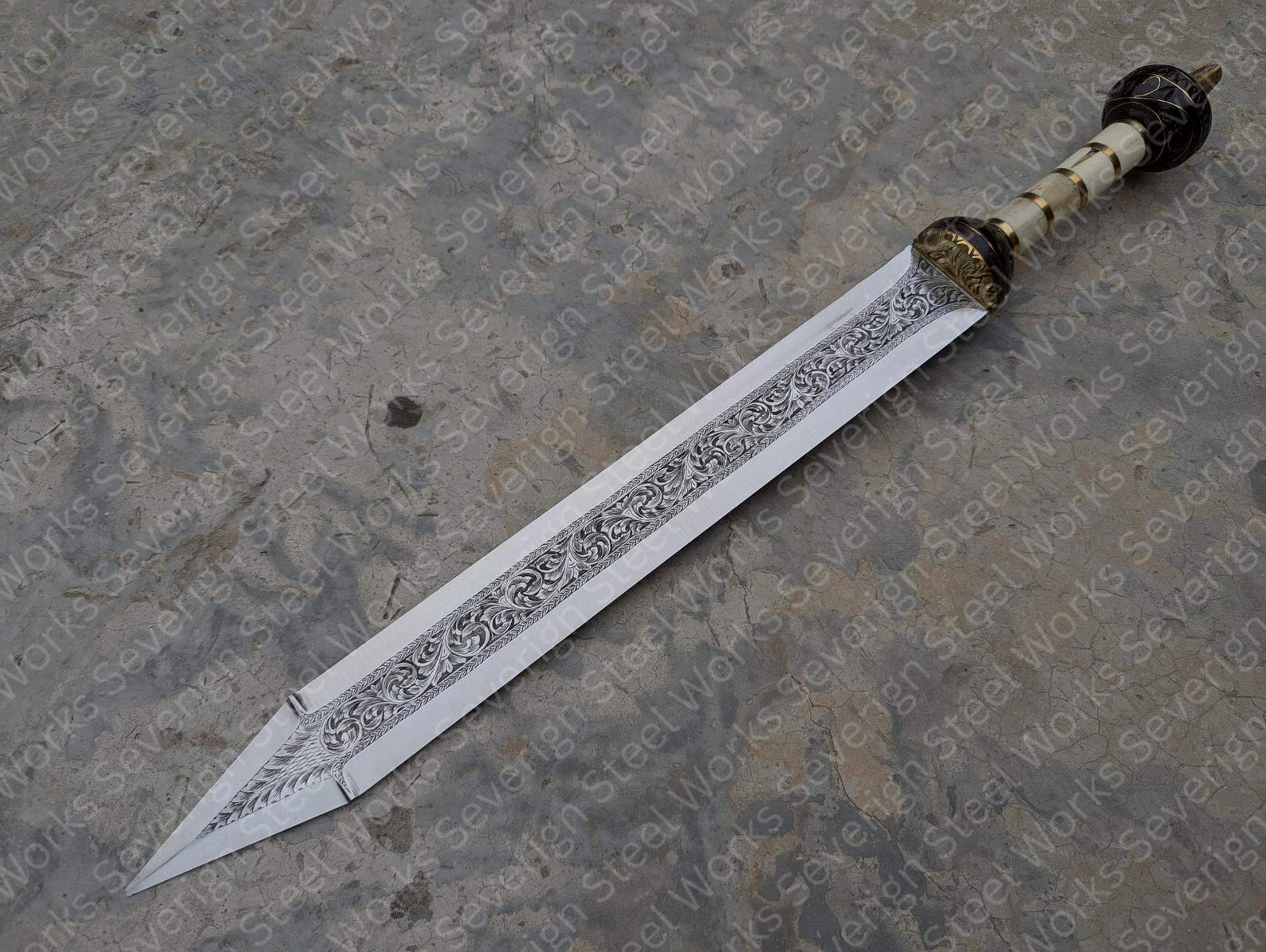 royal scrollwork short sword – ornate engraved steel blade with ivory-tone grip & crimson sheath