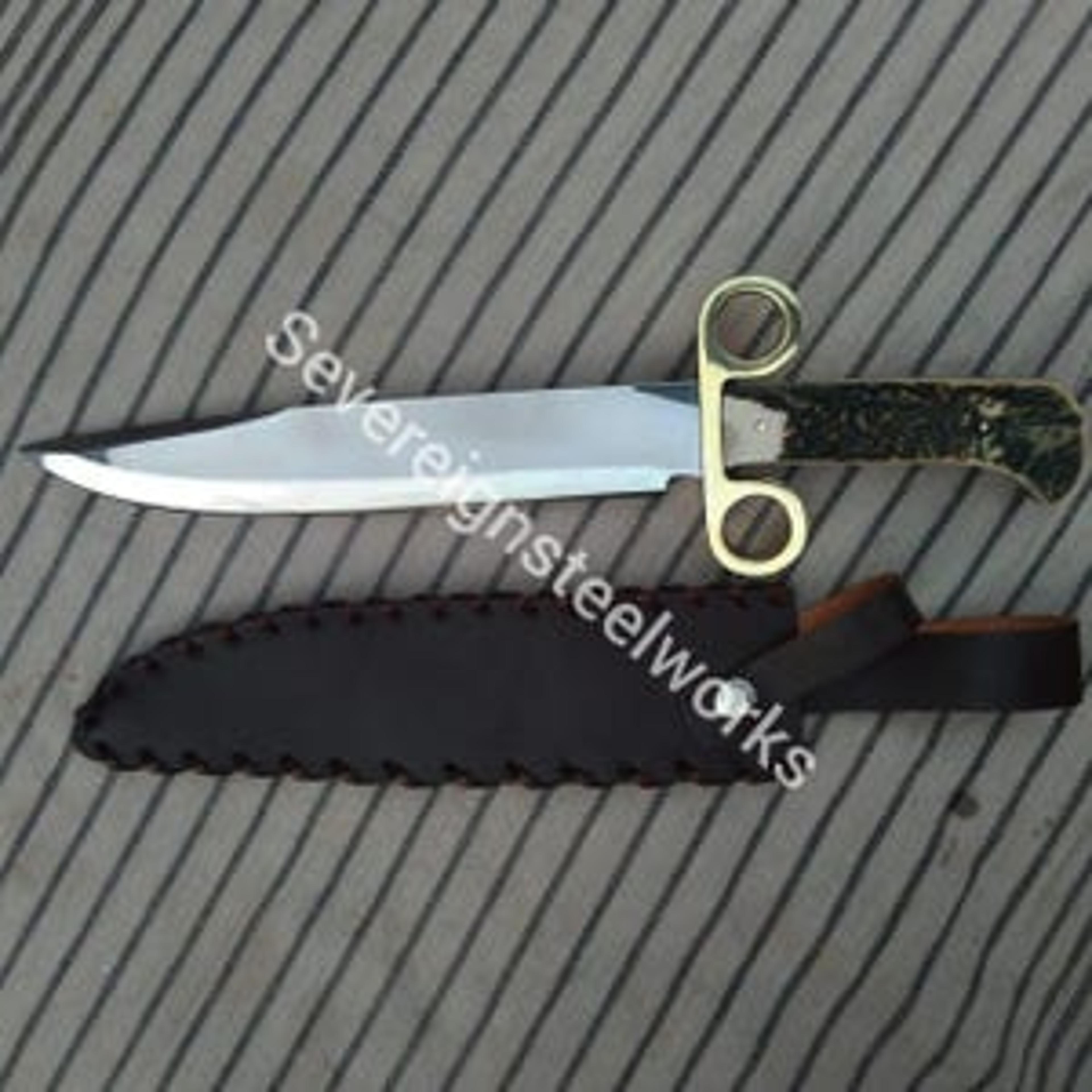 frontier stag bowie knife – hand-finished clip point blade with brass ring guard & antler handle