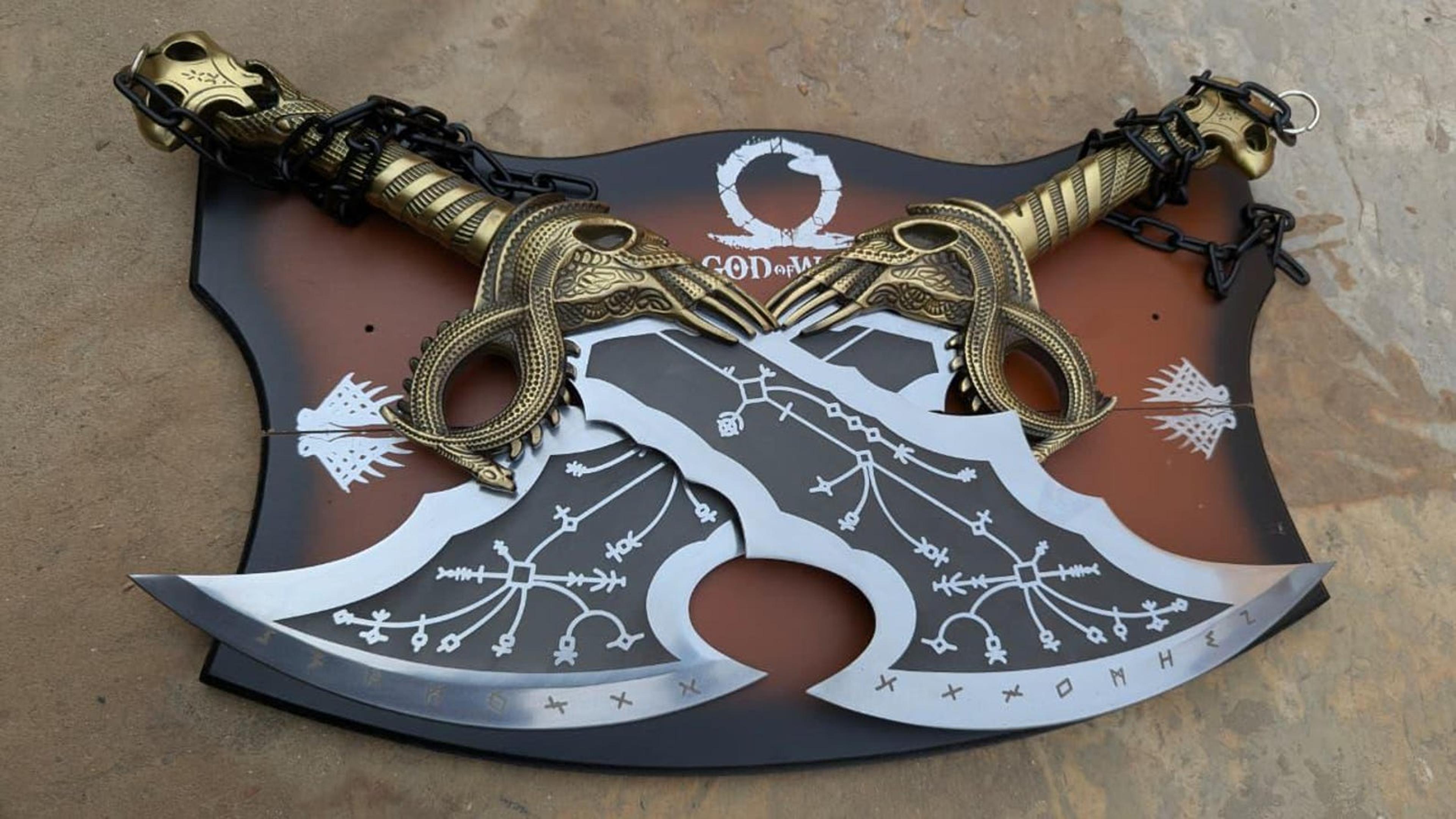 chaos war twin axes – engraved double blade set with serpent guards & antique gold handles