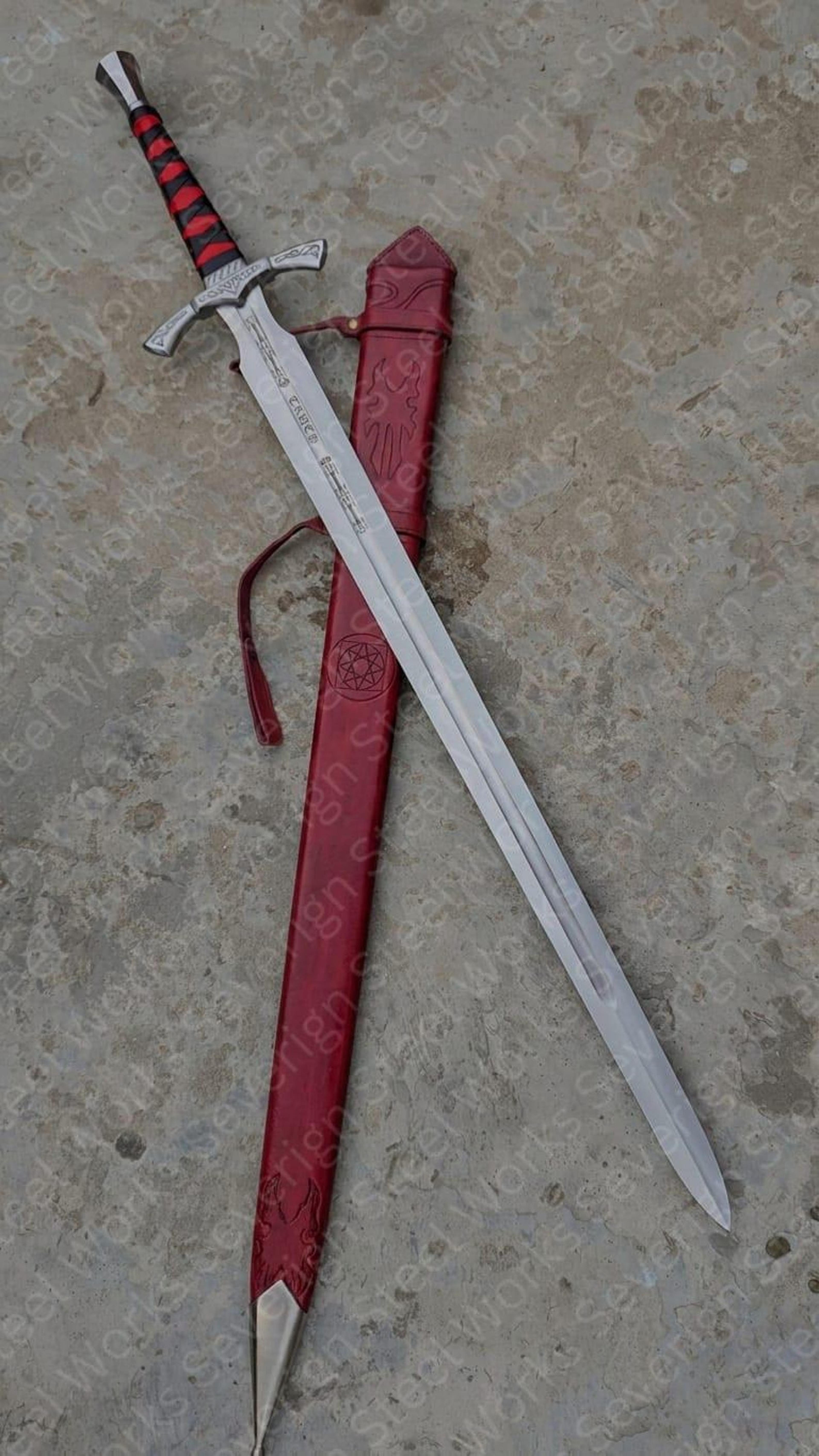 bloodcrest knight sword – 41" inscribed steel blade, crimson scabbard and black red grip