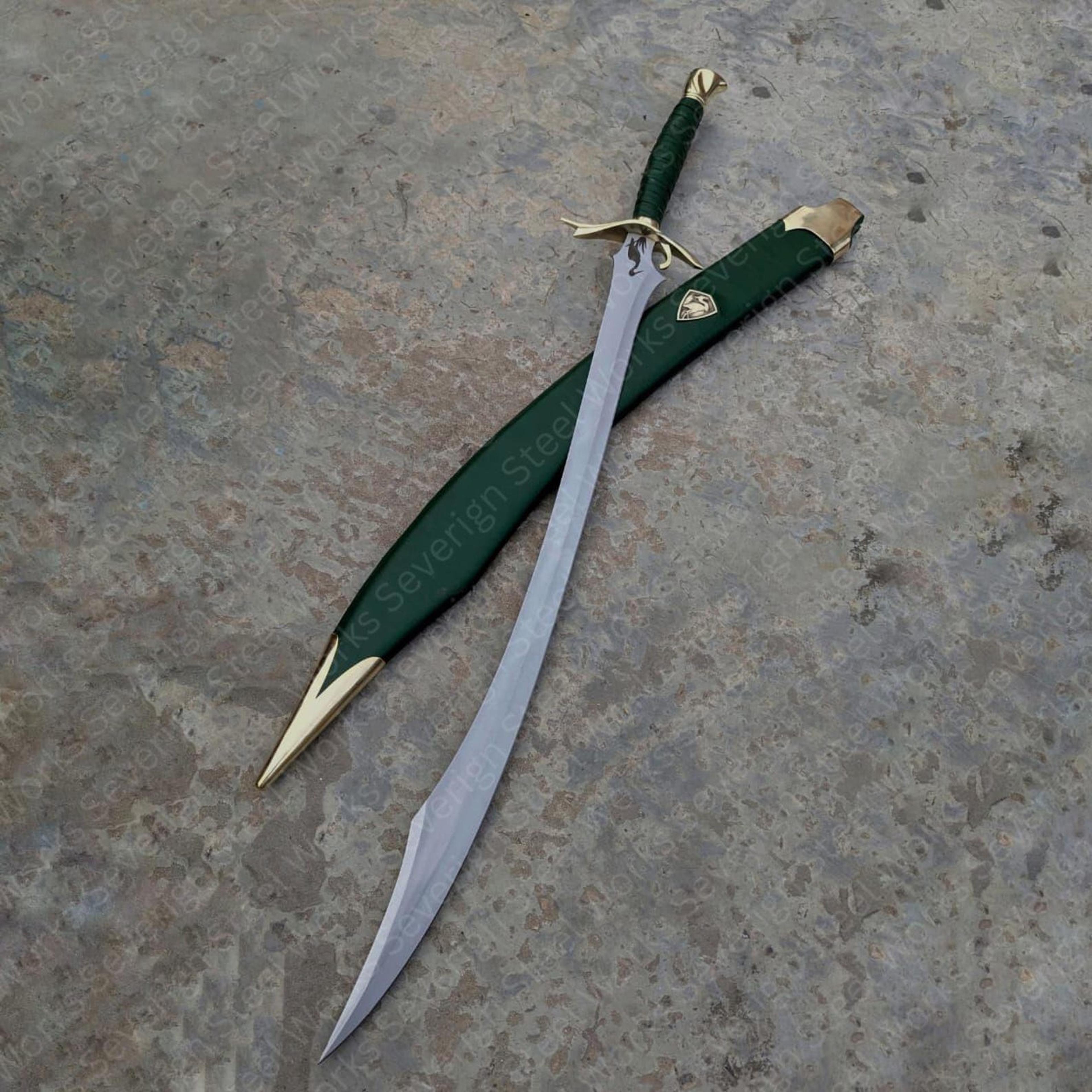 42" emerald elven war sword, long swept steel blade with gold guard & green scabbard, woodland realm display