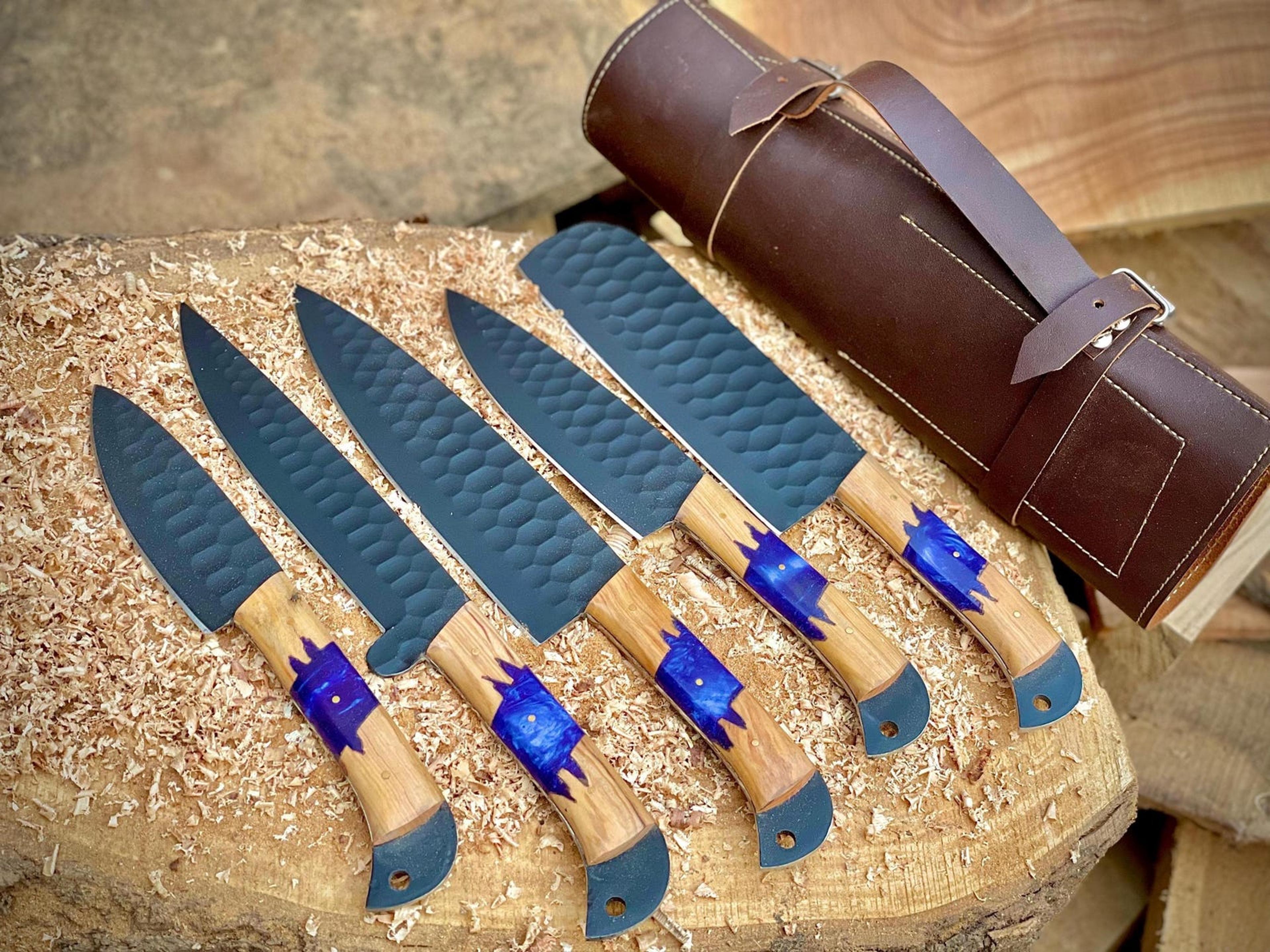 5 piece rustic chef knife collection, forged kitchen blades with hybrid wood handles & leather carry roll