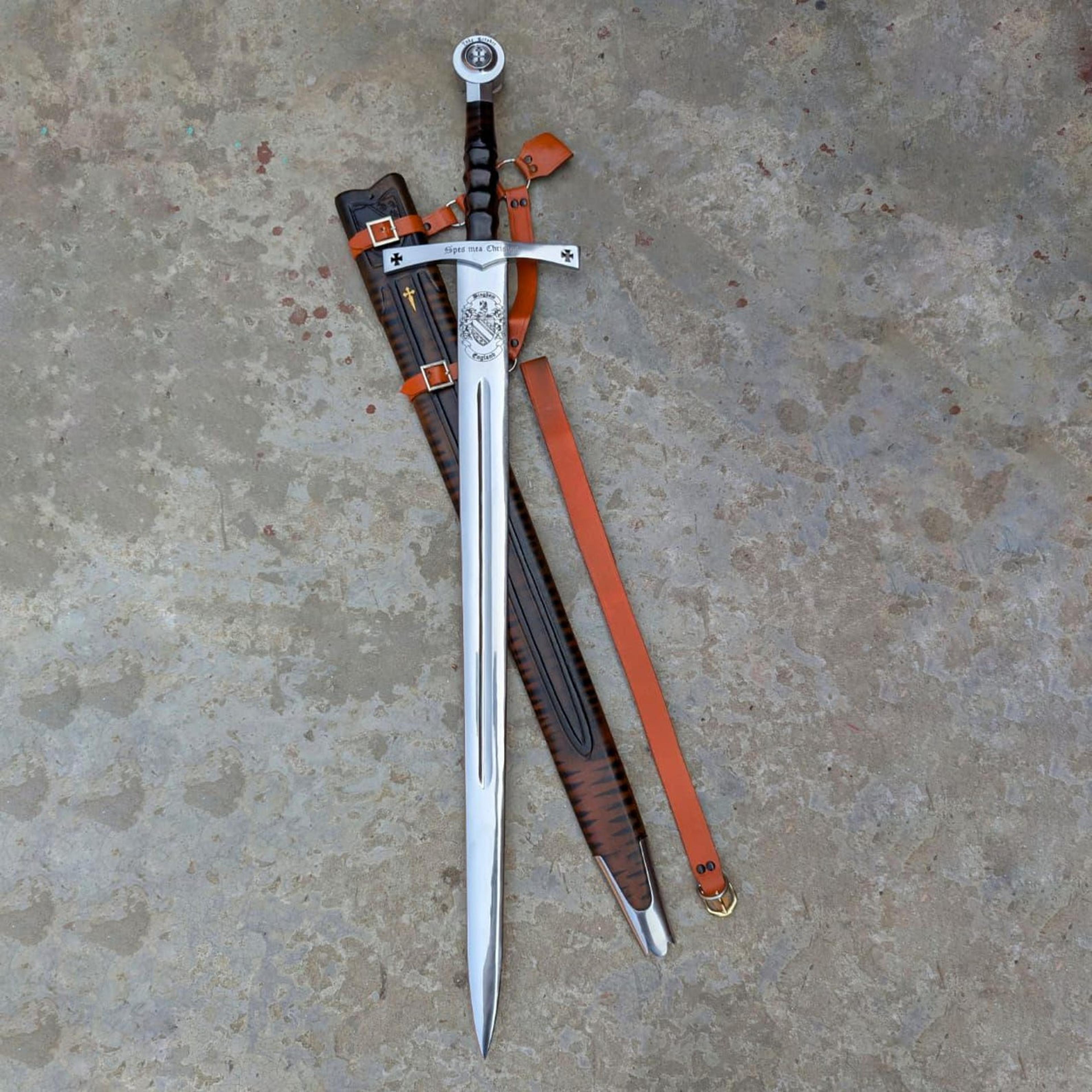 crusader knight greatsword 52", cross engraved blade & leather carry sheath, religious history gift | templar order wall