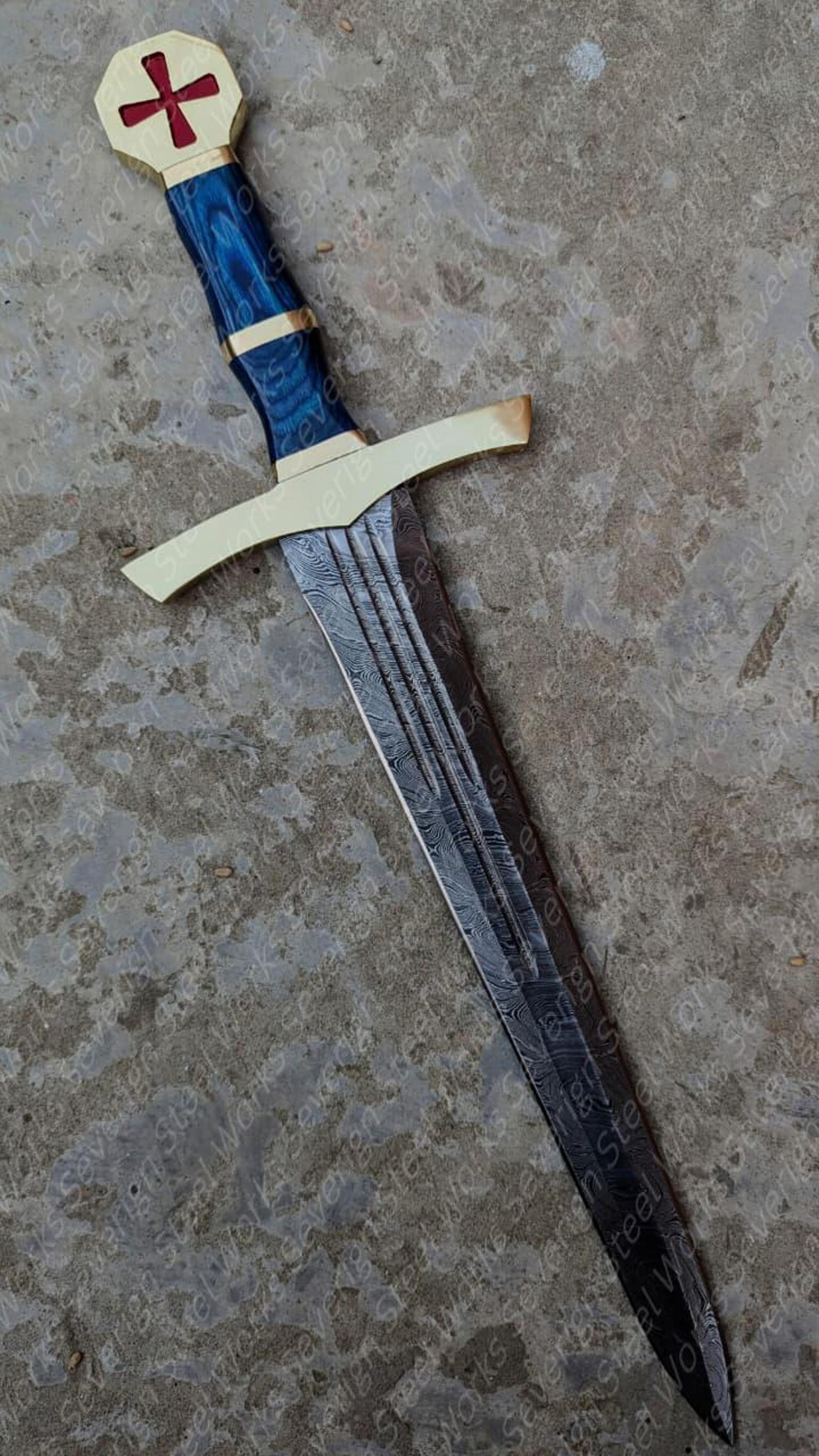 handmade templar knight short sword, 19.6" crusader sword with blue scabbard, medieval history decor, collector gift