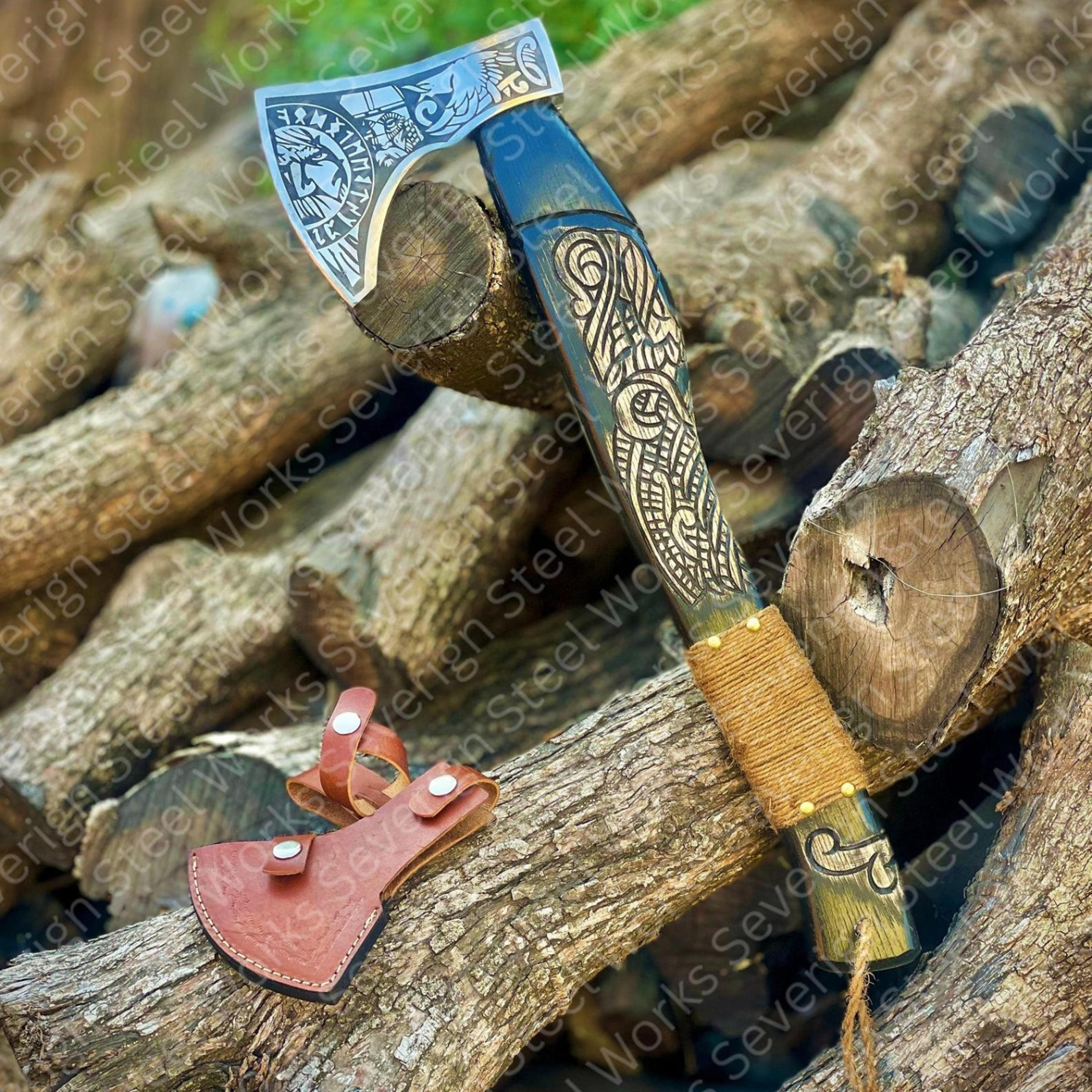norse raven axe 22 inch, hand engraved viking hatchet with leather sheath, nordic warrior gift