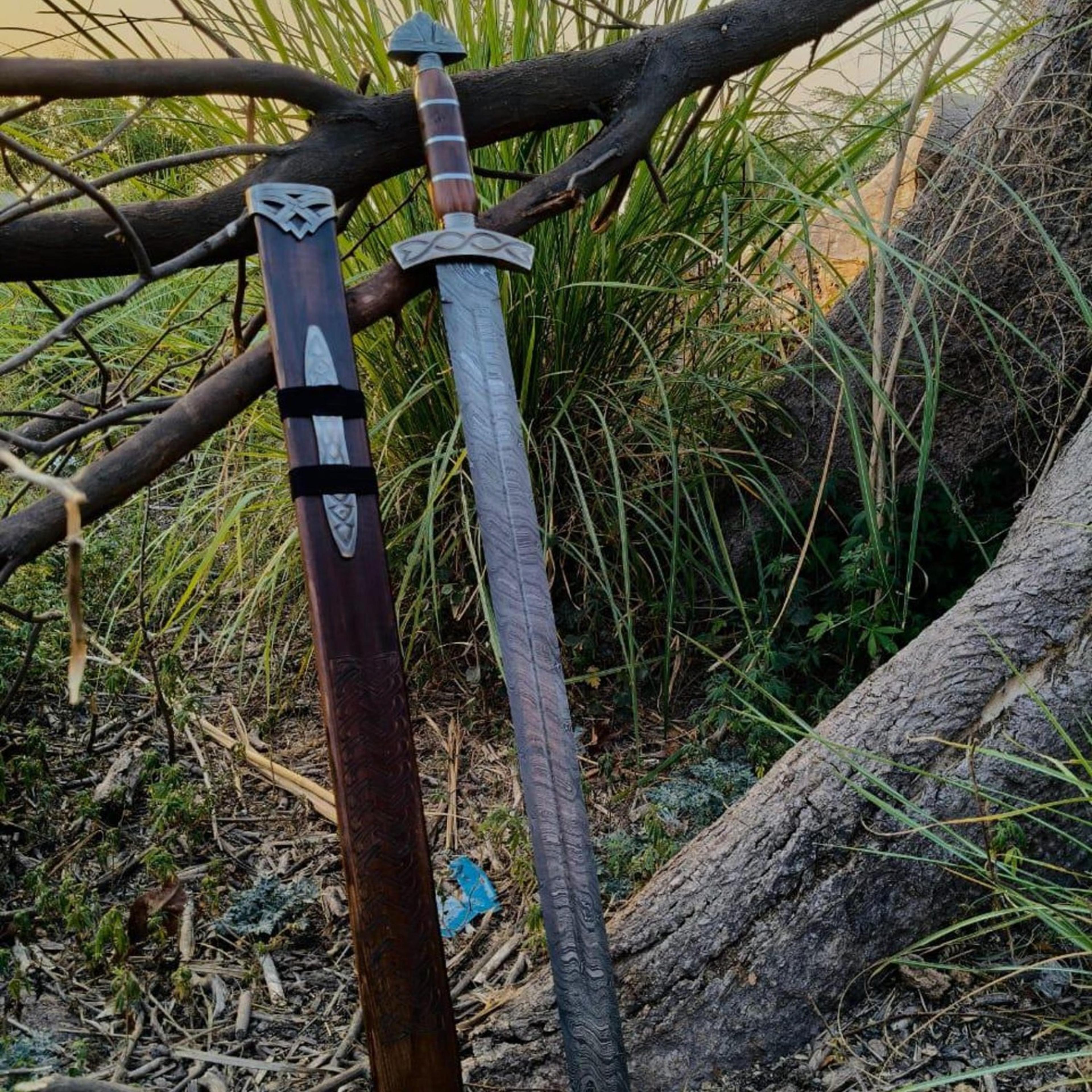 norseman sword with carved brown scabbard, 36" pattern welded blade, valhalla cabin wall decor