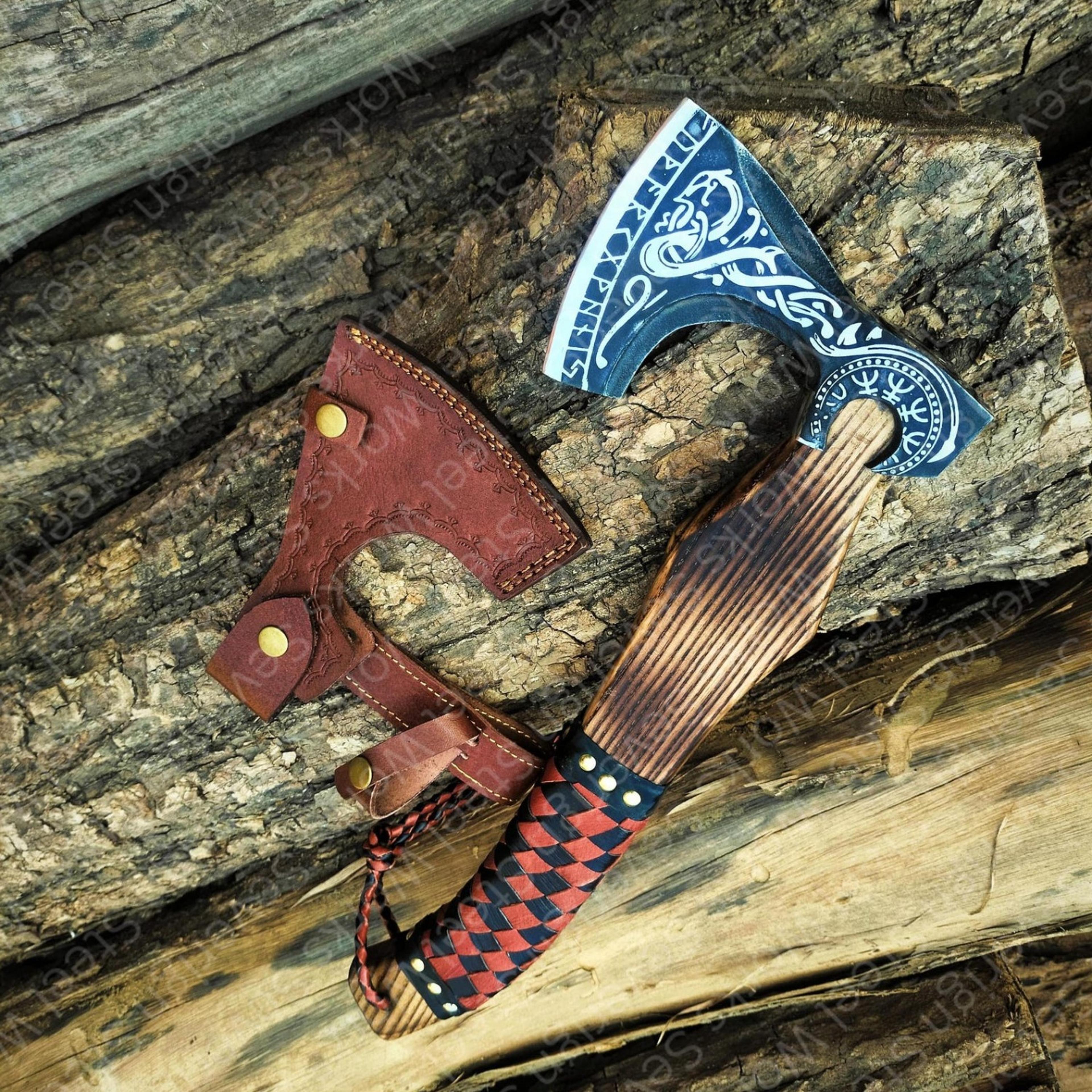 raven & nordic symbol axe, 24" carved wood handle with engraved steel head, norseman inspired decor