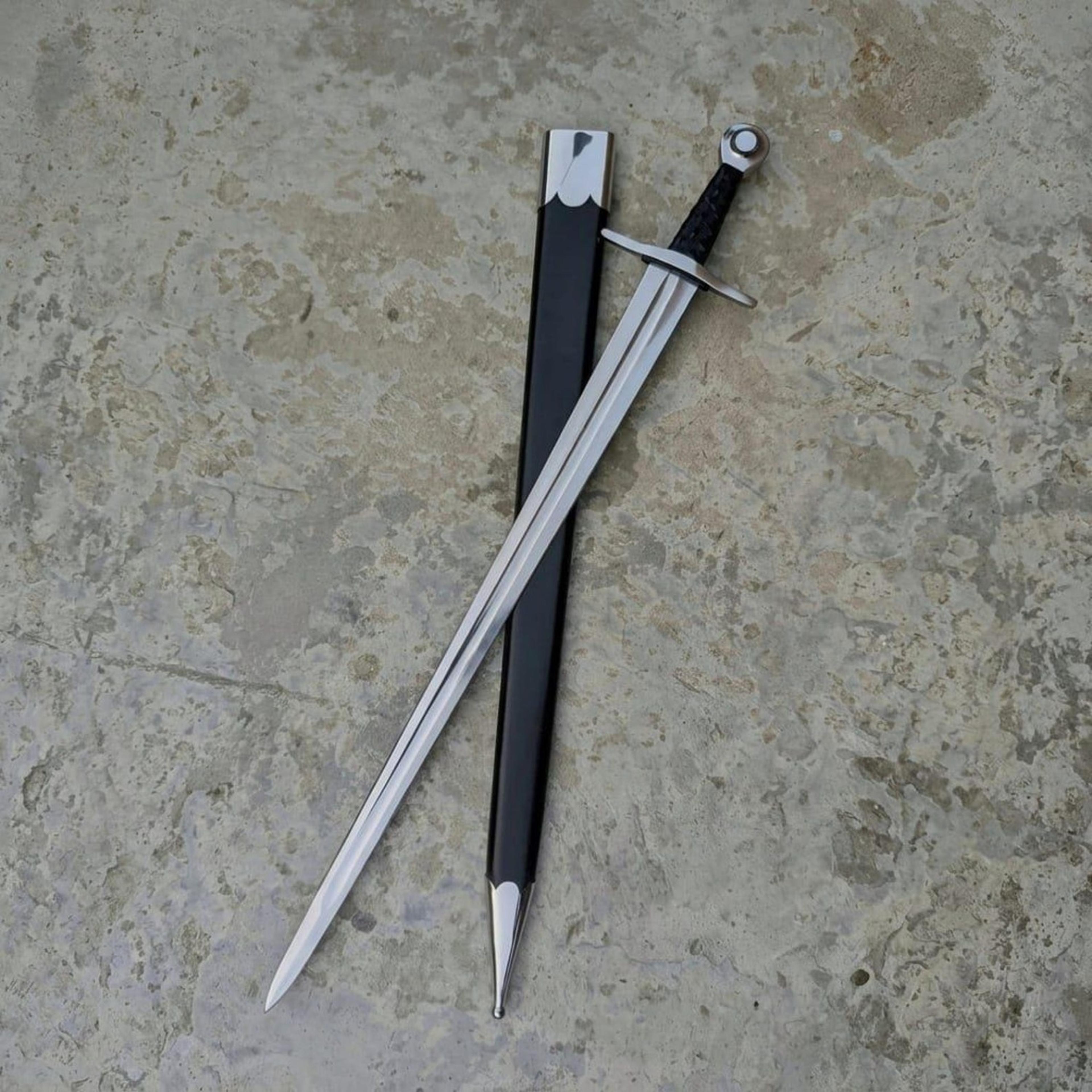 european style 40" long sword with polished steel blade, ring pommel and black wrapped handle – historic decor