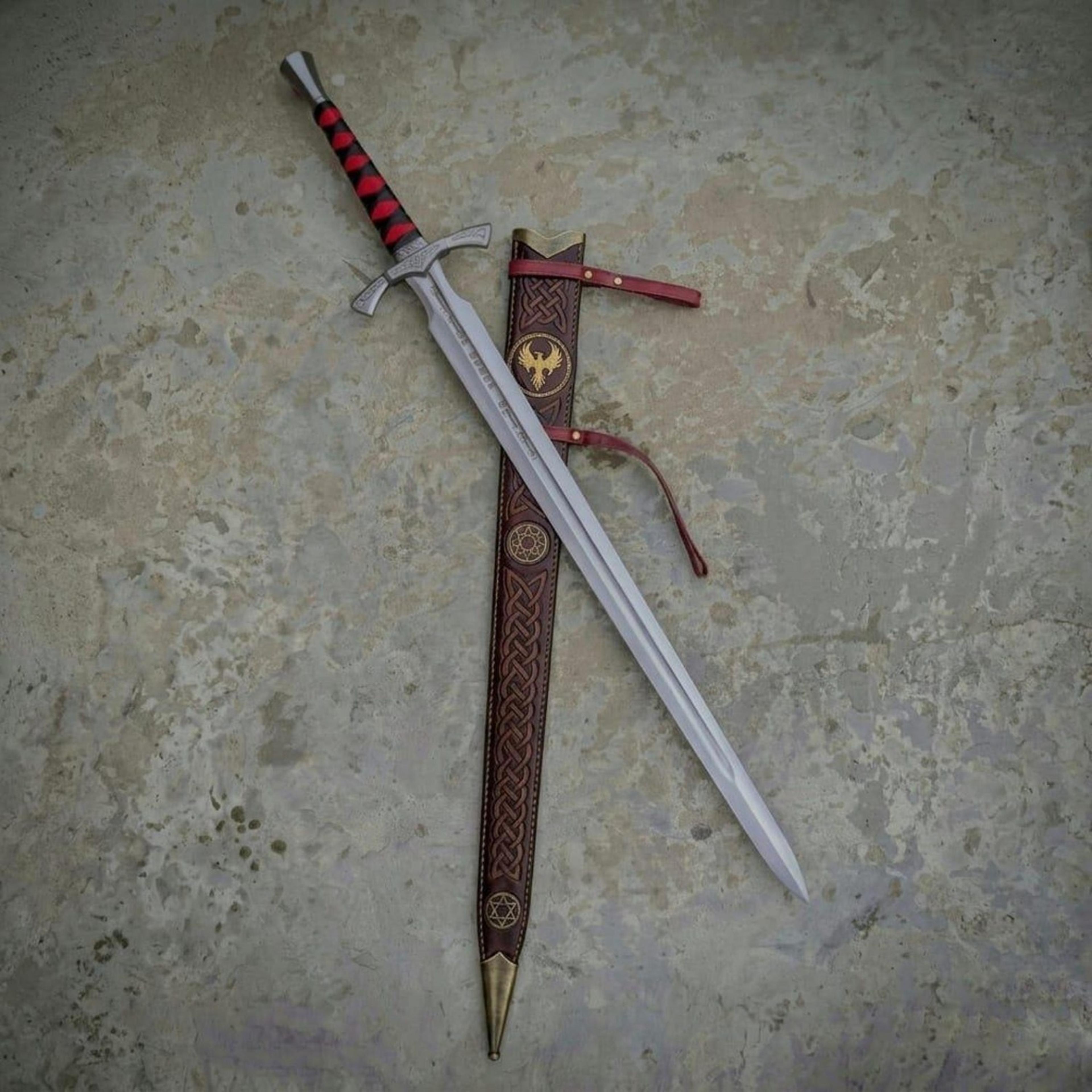 crimson rune longsword 41" – silver steel blade, red & black wrapped hilt with celtic scabbard