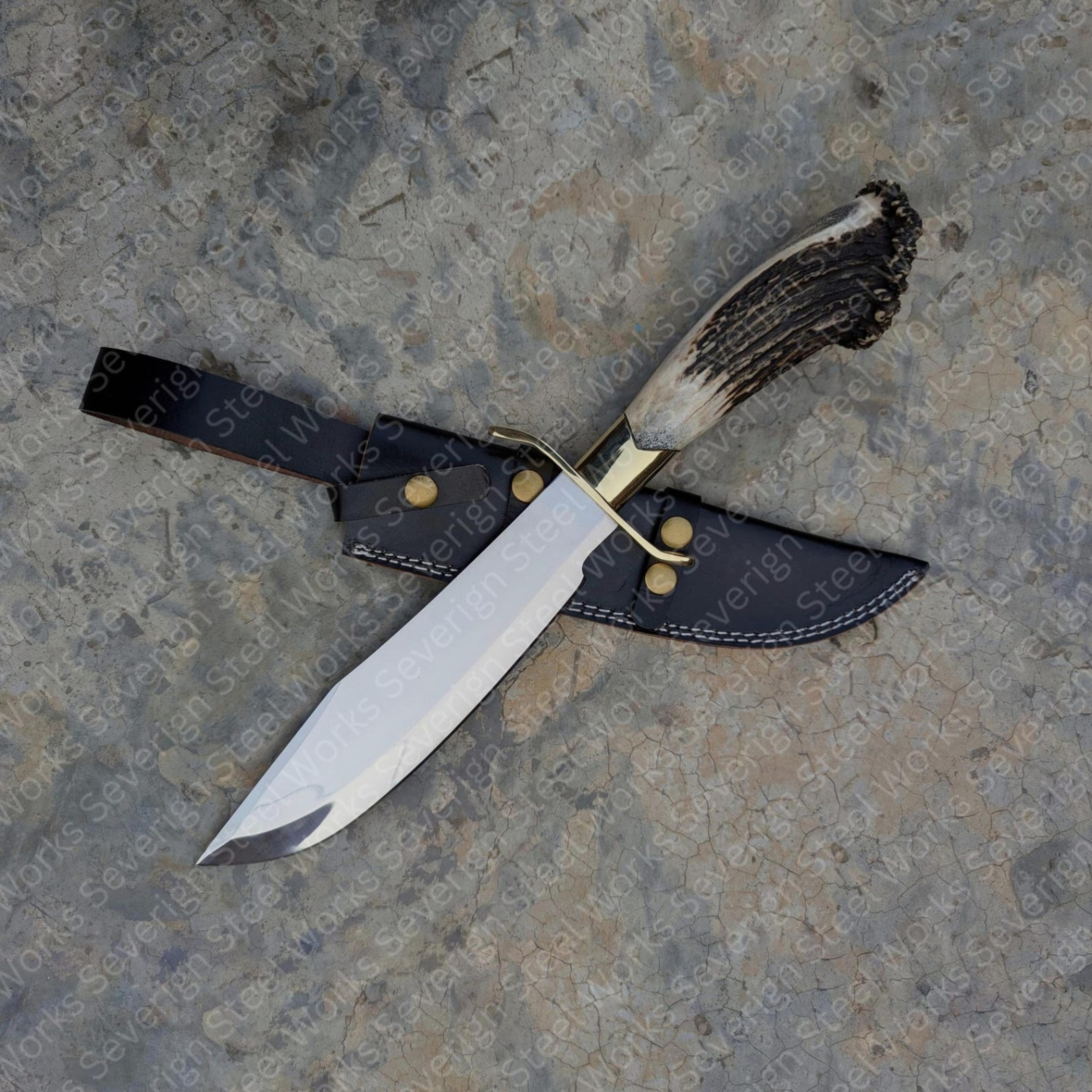 frontier antler camp knife – broad steel blade with brass guard & leather sheath | wide polished clip-point blade