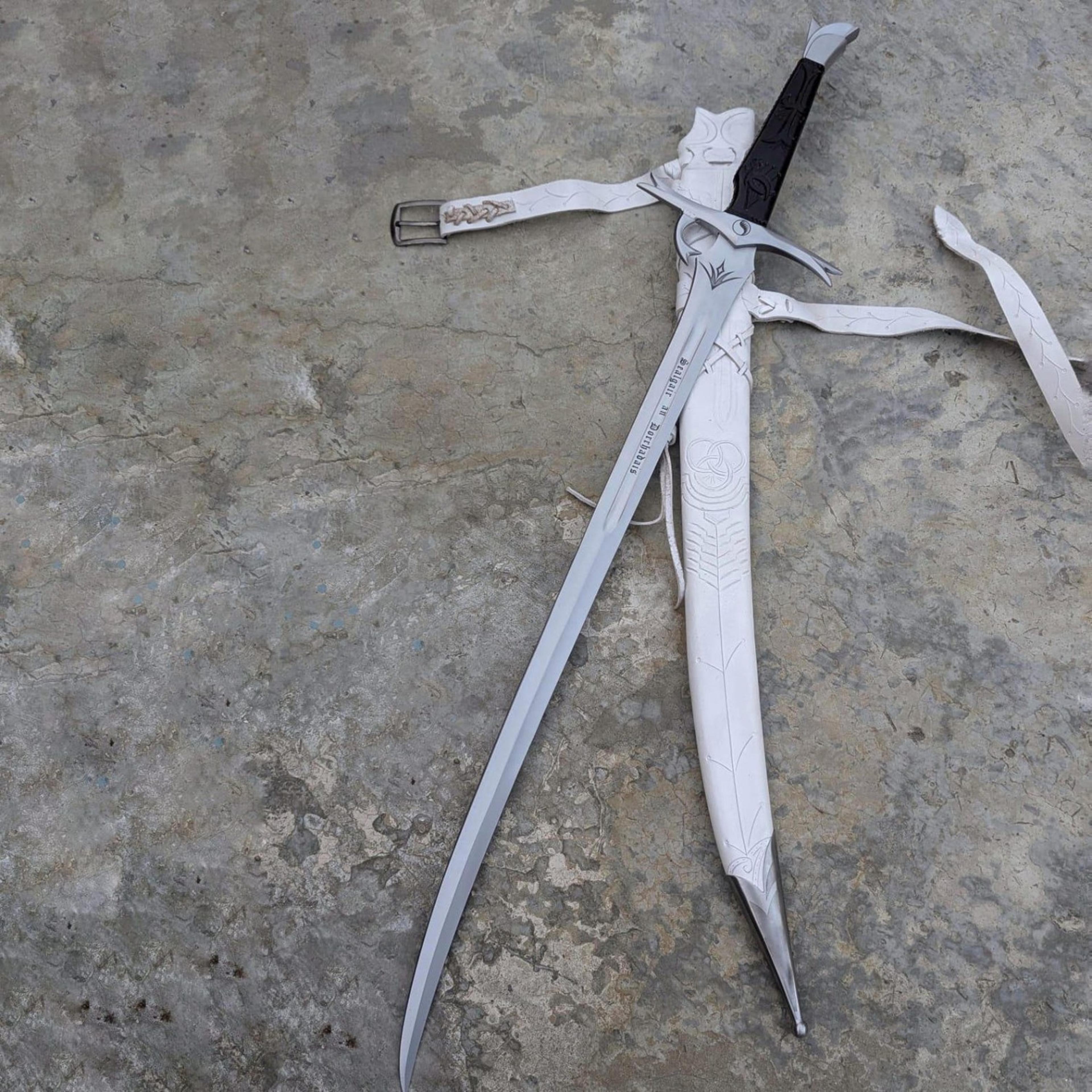 ivory elven moonblade – 42" curved fantasy sword with white etched scabbard