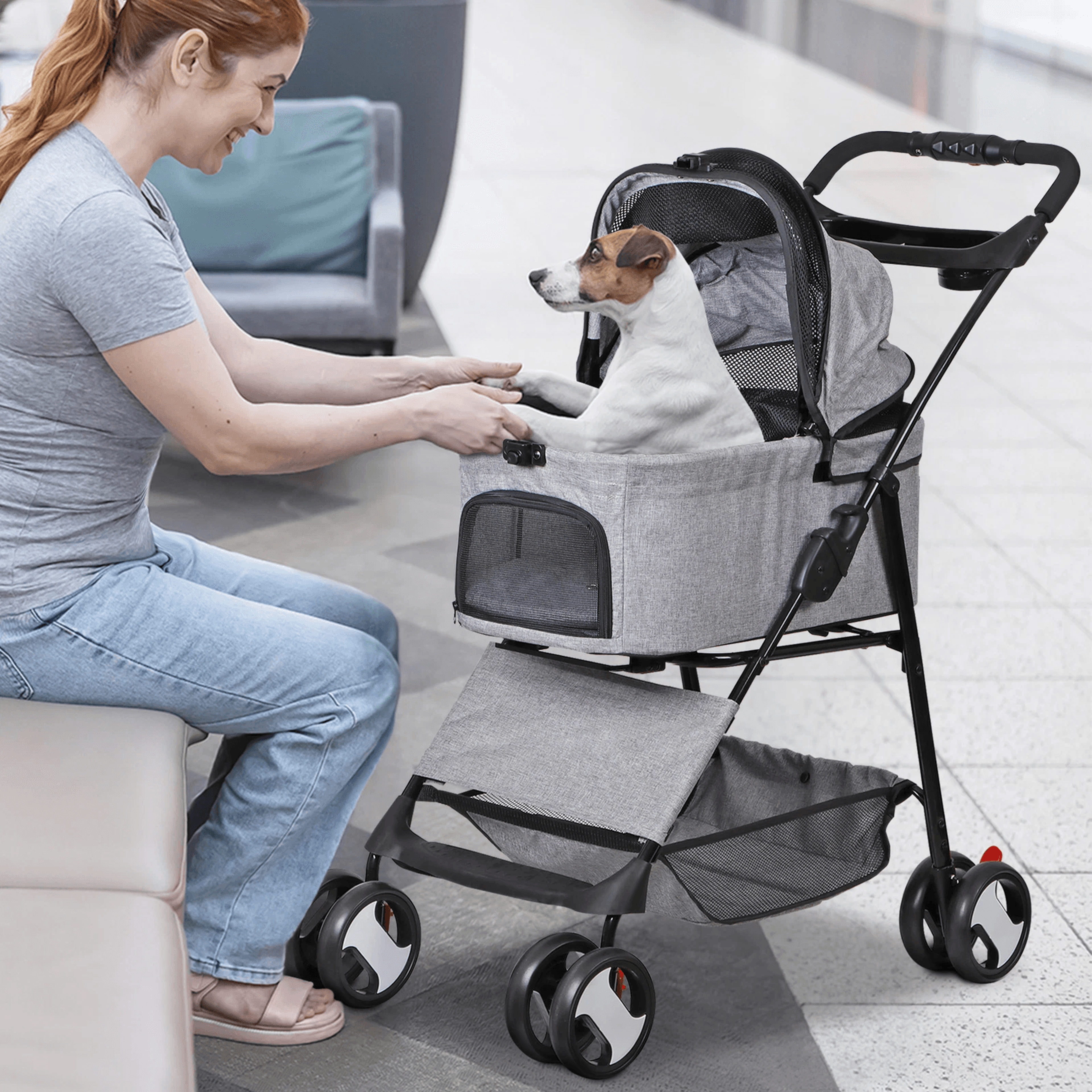 3-in-1 foldable pet stroller, detachable carrier car seat, cat dog strollers for travel, lightweight durable design