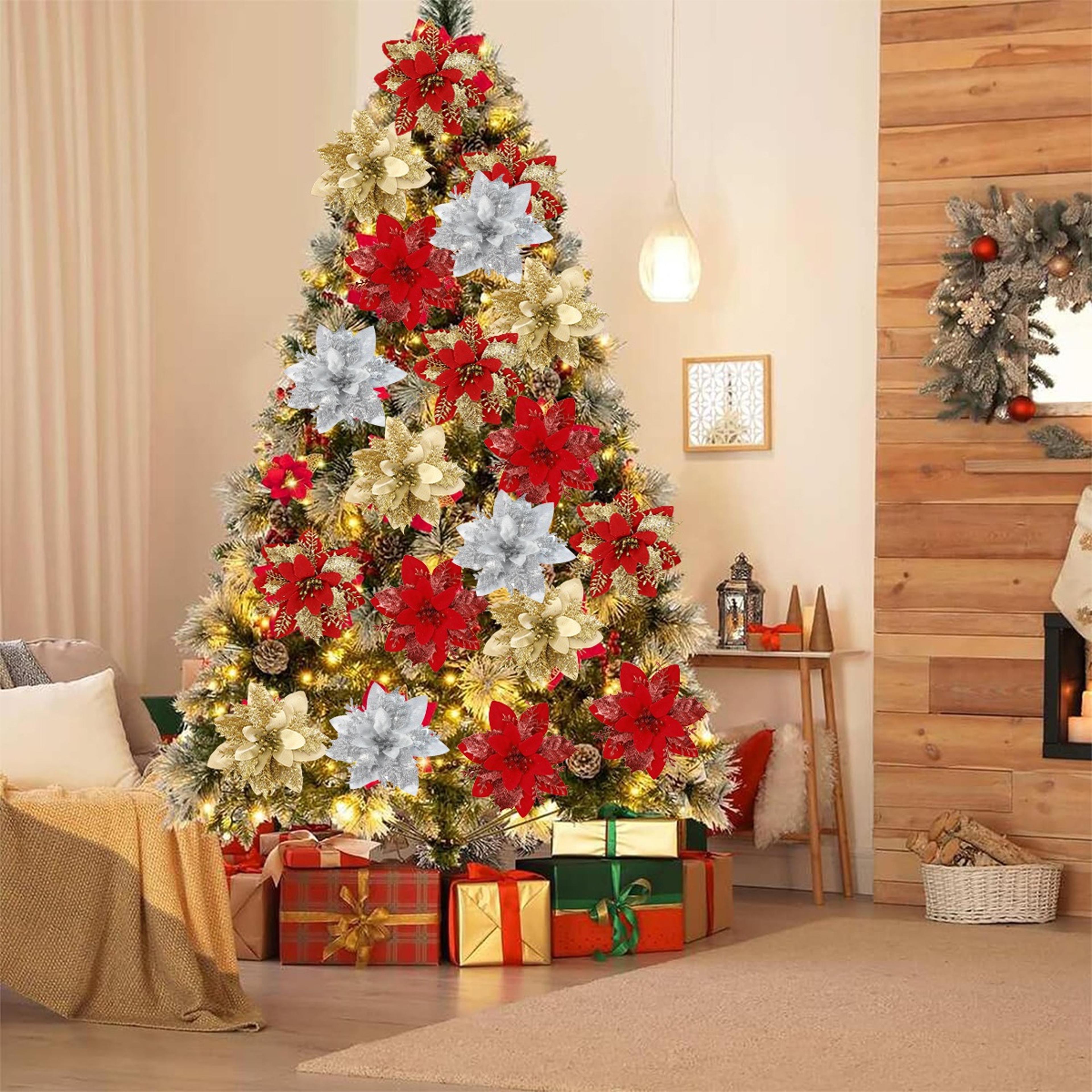 christmas glitter artificial, flowers christmas tree, hanging ornaments fake, xmas new year, navidad gift decor