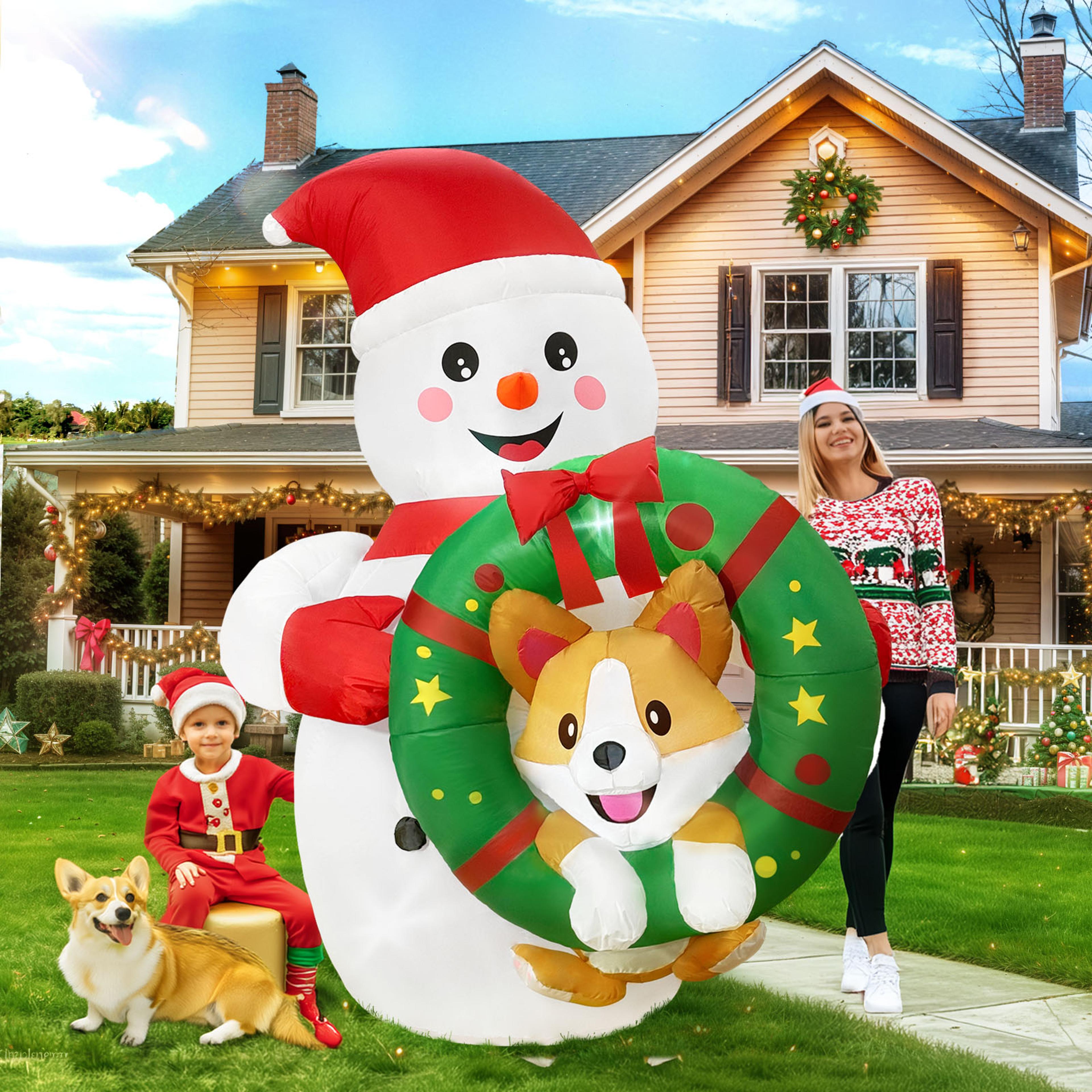 christmas inflatable snowman, holiday wreath party decor, outdoor decorations with corgi christmas blow ups display
