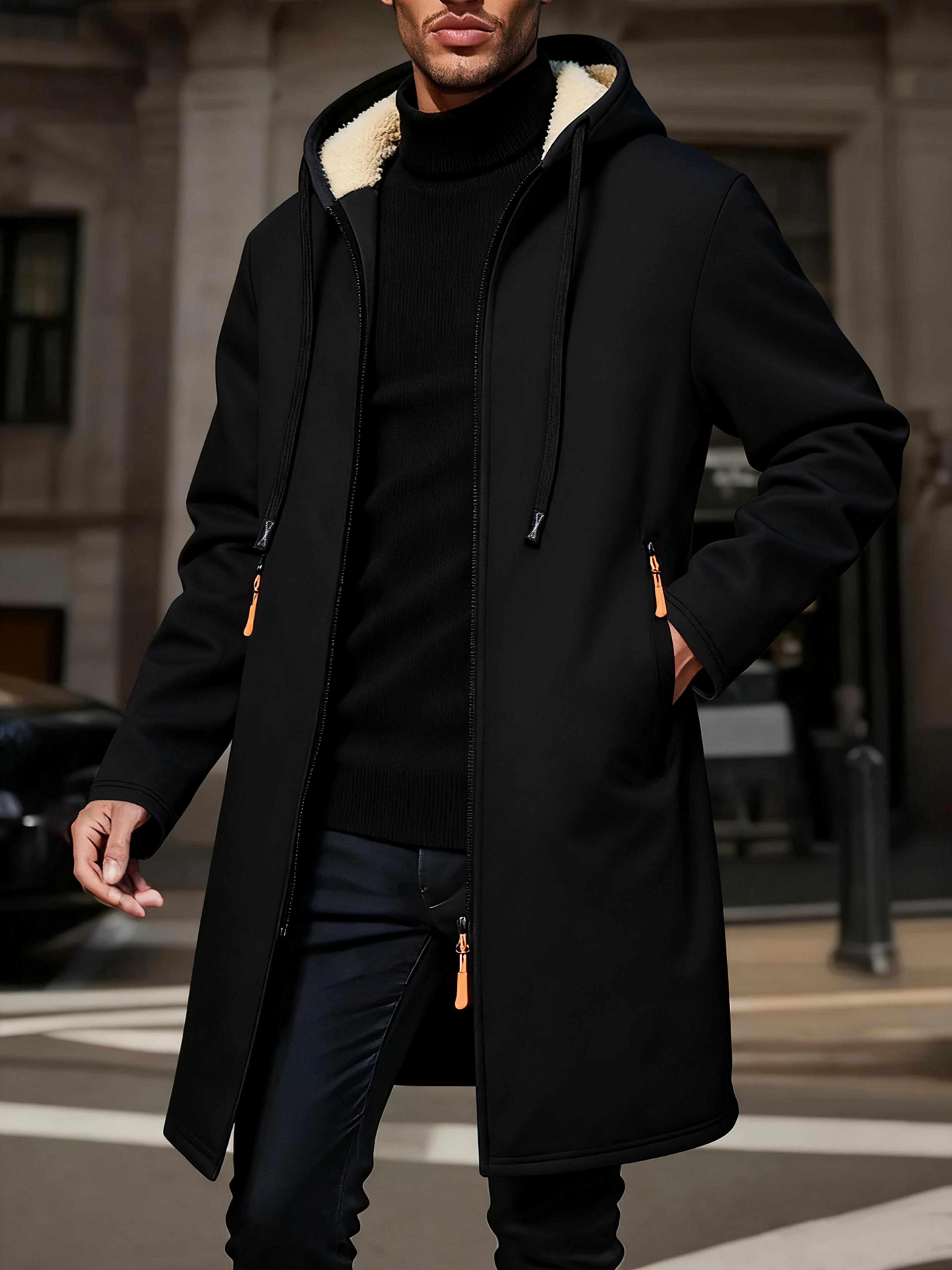 outdoor warm zipper jacket, winter men thickened hoodies, solid color long sleeve cardigan overcoat