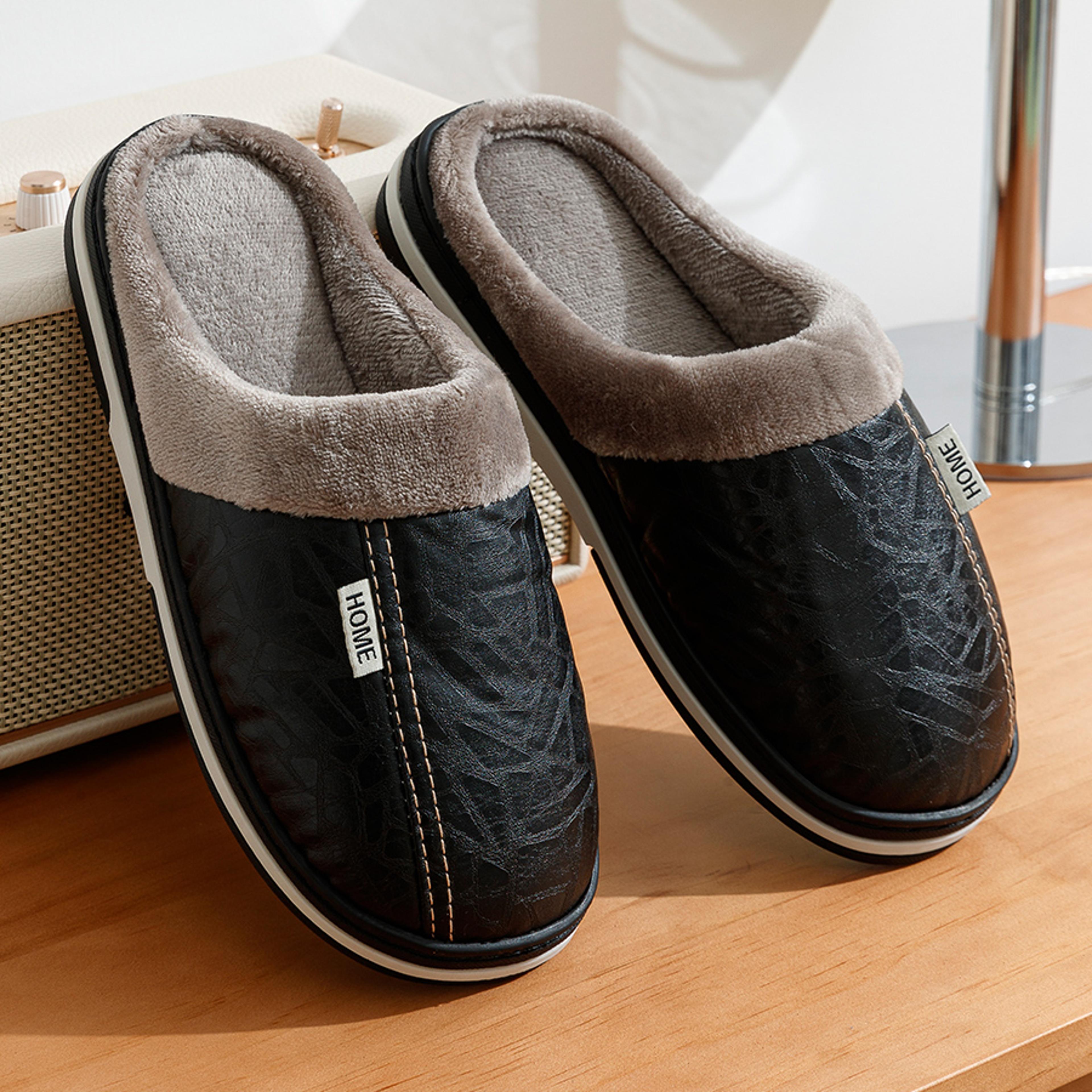 indoor waterproof fur flat men's winter slipper, pu leather big sizes home houseshoes