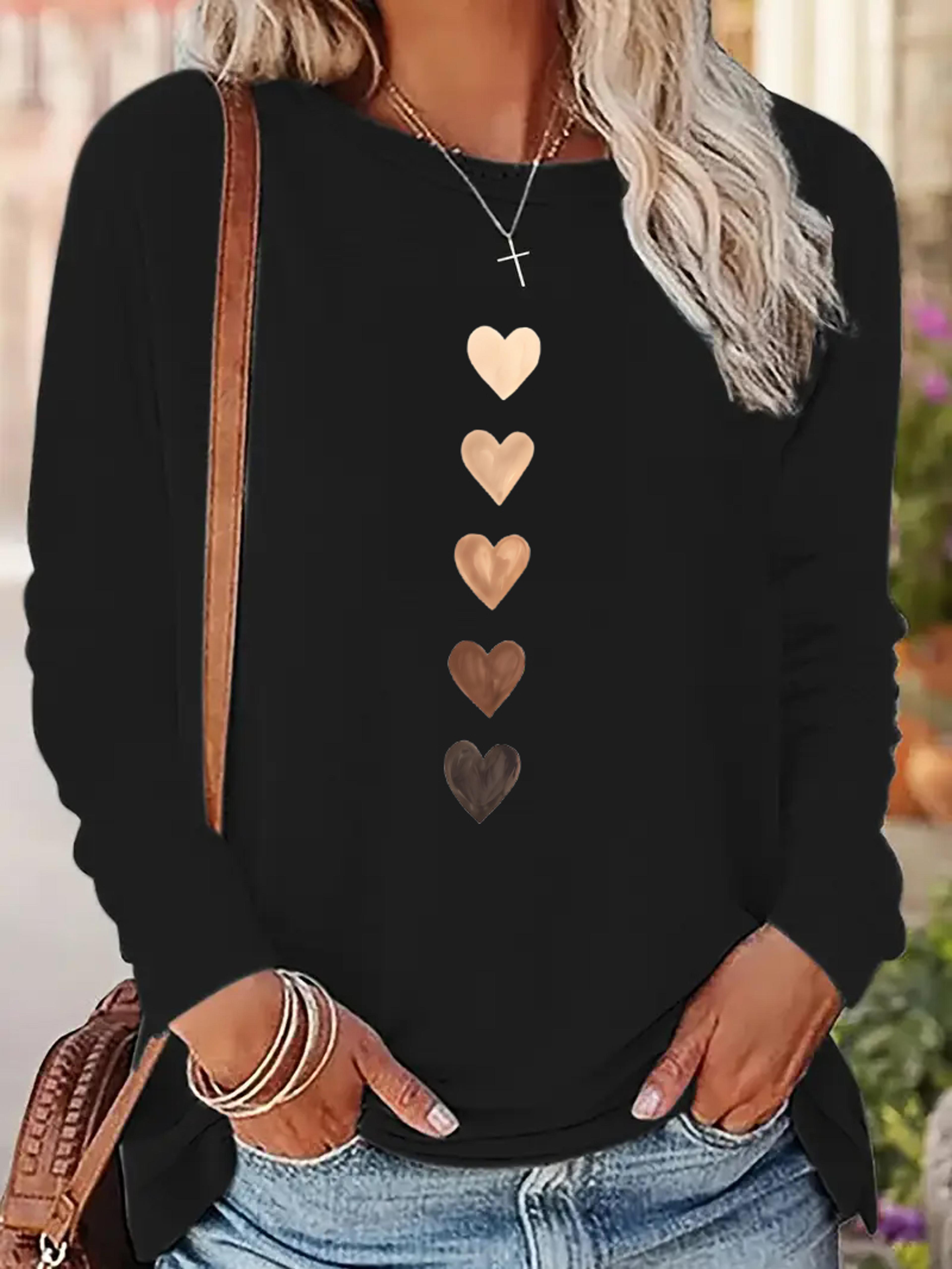 vintage t shirt women's print, crew neck love heart long sleeve top, casual t-shirt