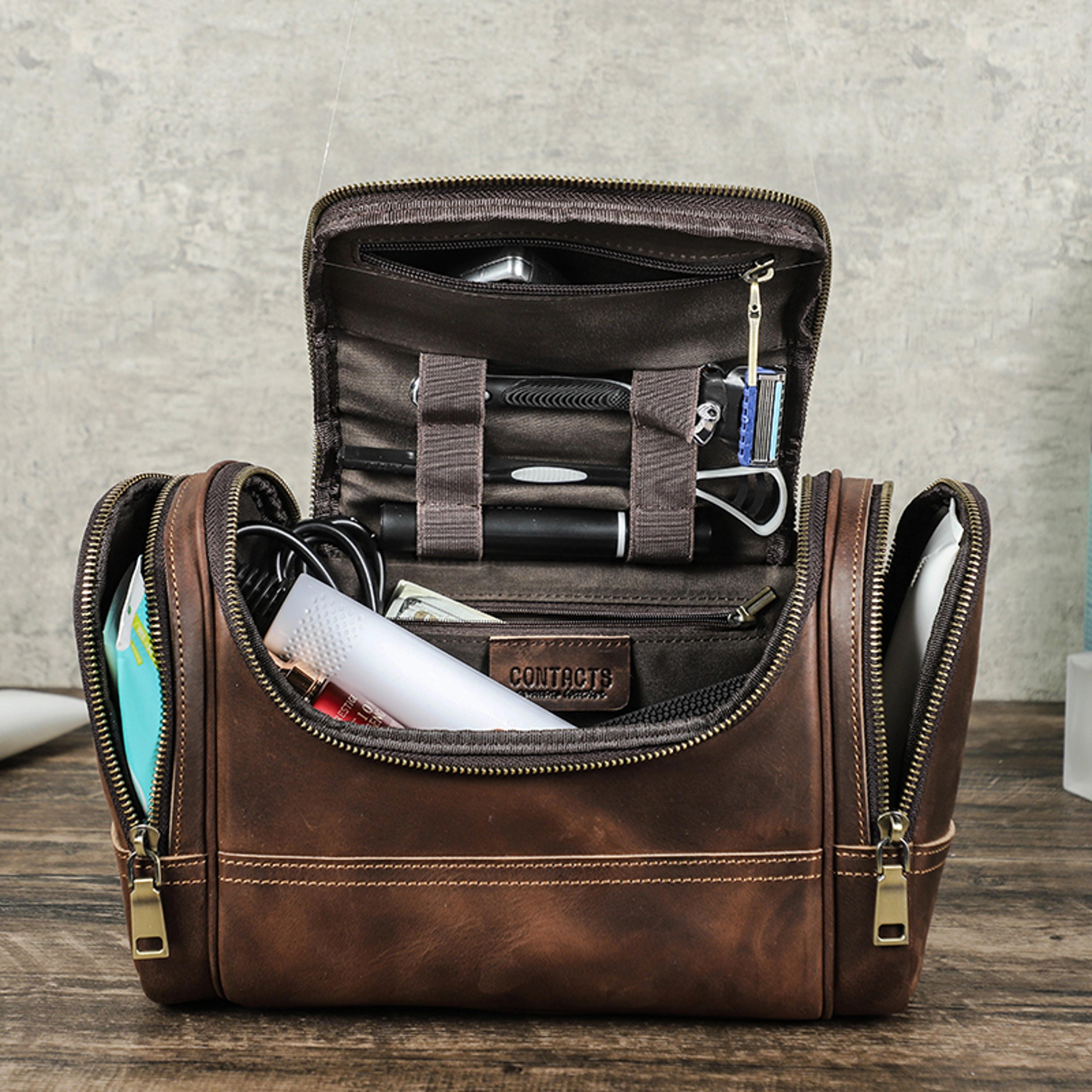 crazy horse leather business travel wash toiletry bag, men's storage cosmetics handbag