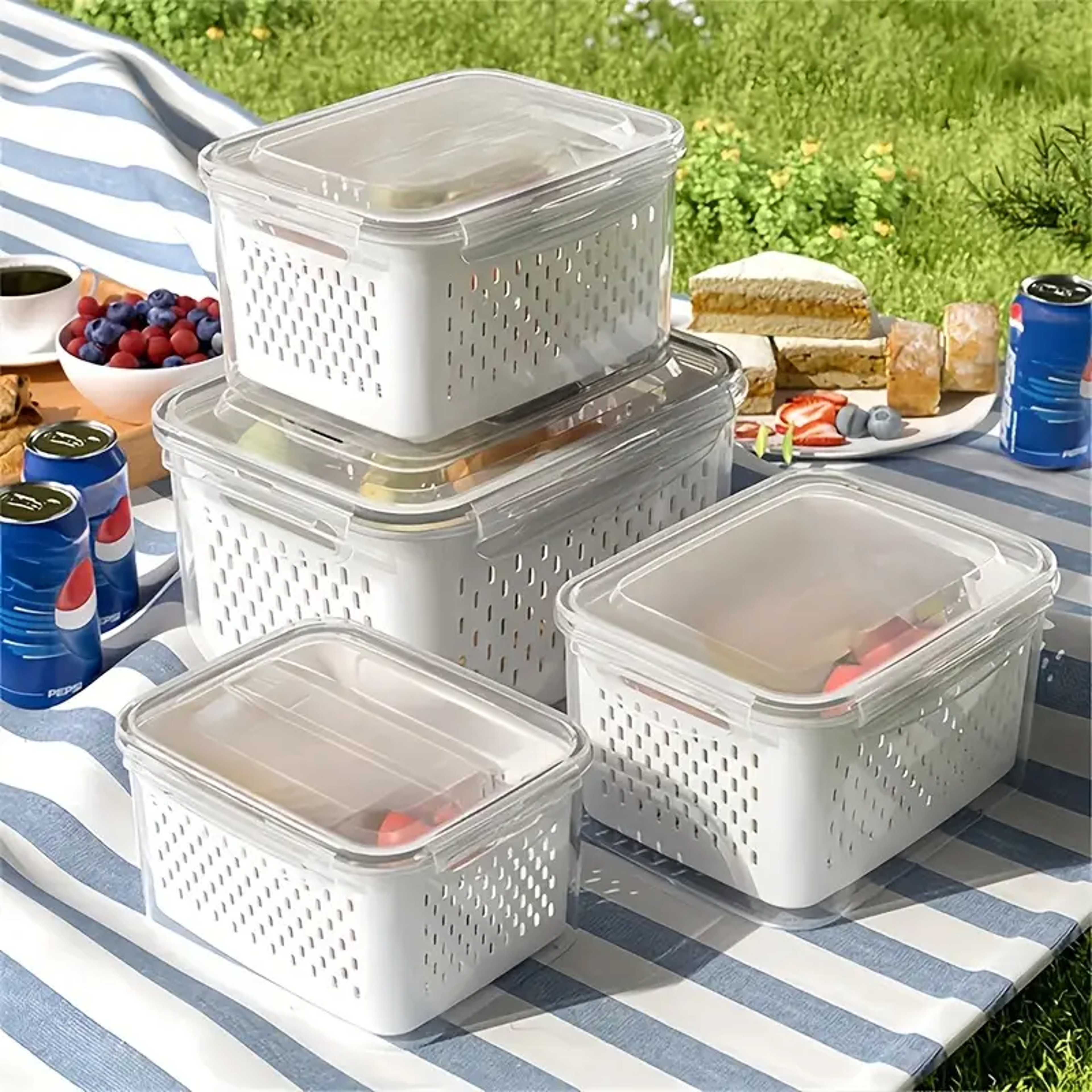 reusable plastic food storage containers, leak-proof set with drain baskets, refrigerator safe