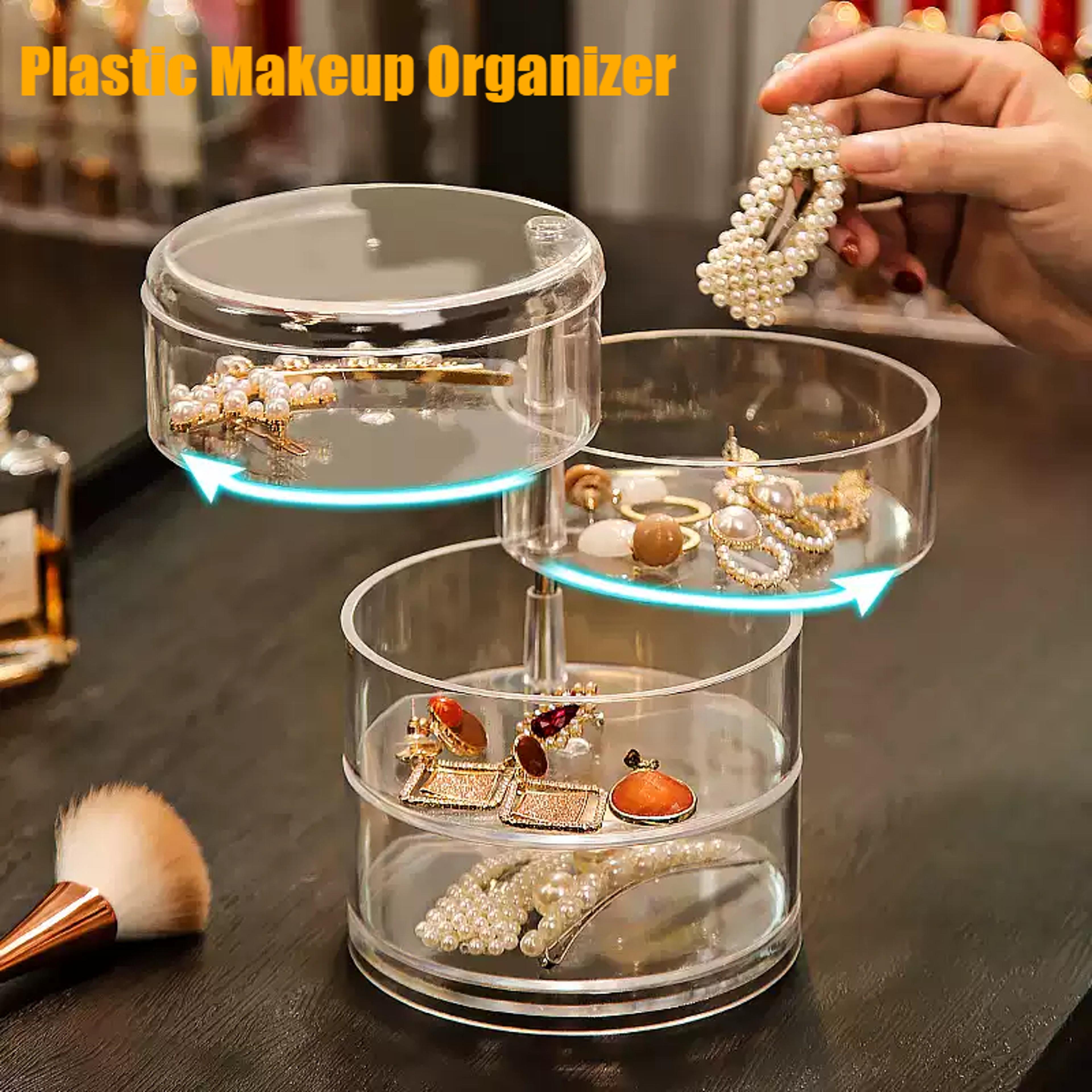 round plastic organizer box, jewelry display rack, rotating makeup storage holder for bracelets and earrings