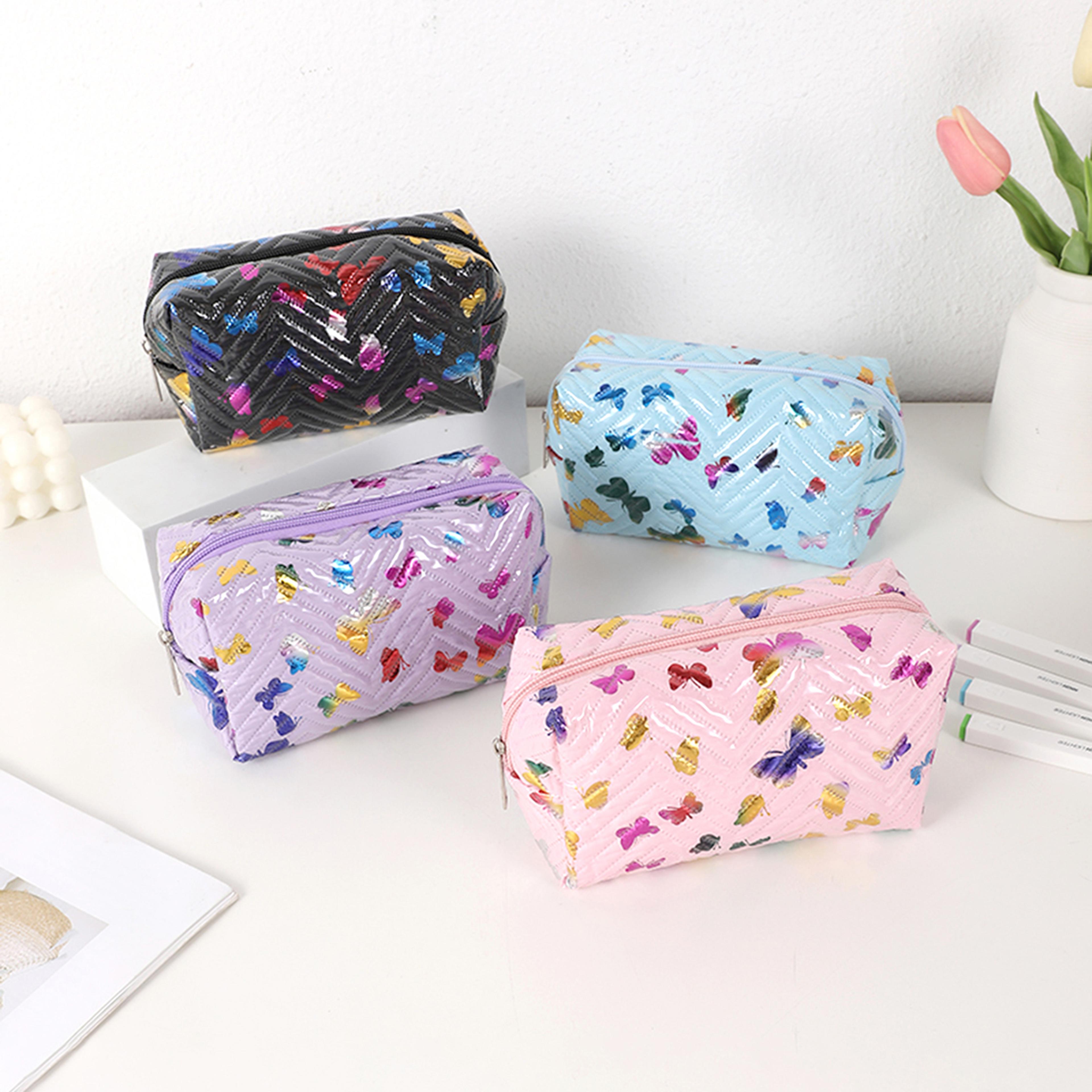 pu leather pencil storage box, colorful glossy butterfly print, portable desk organizer for office