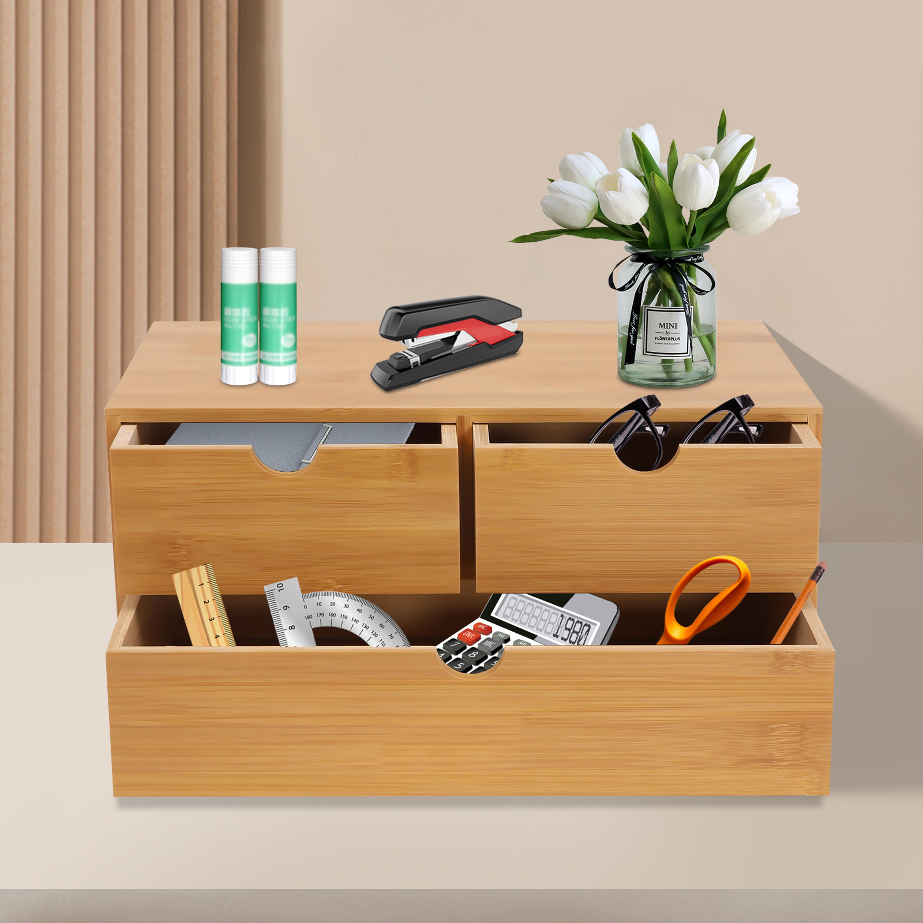 compact bamboo desk organizer for office, home - perfect for stamps, notes, paper clips, bills, scissors