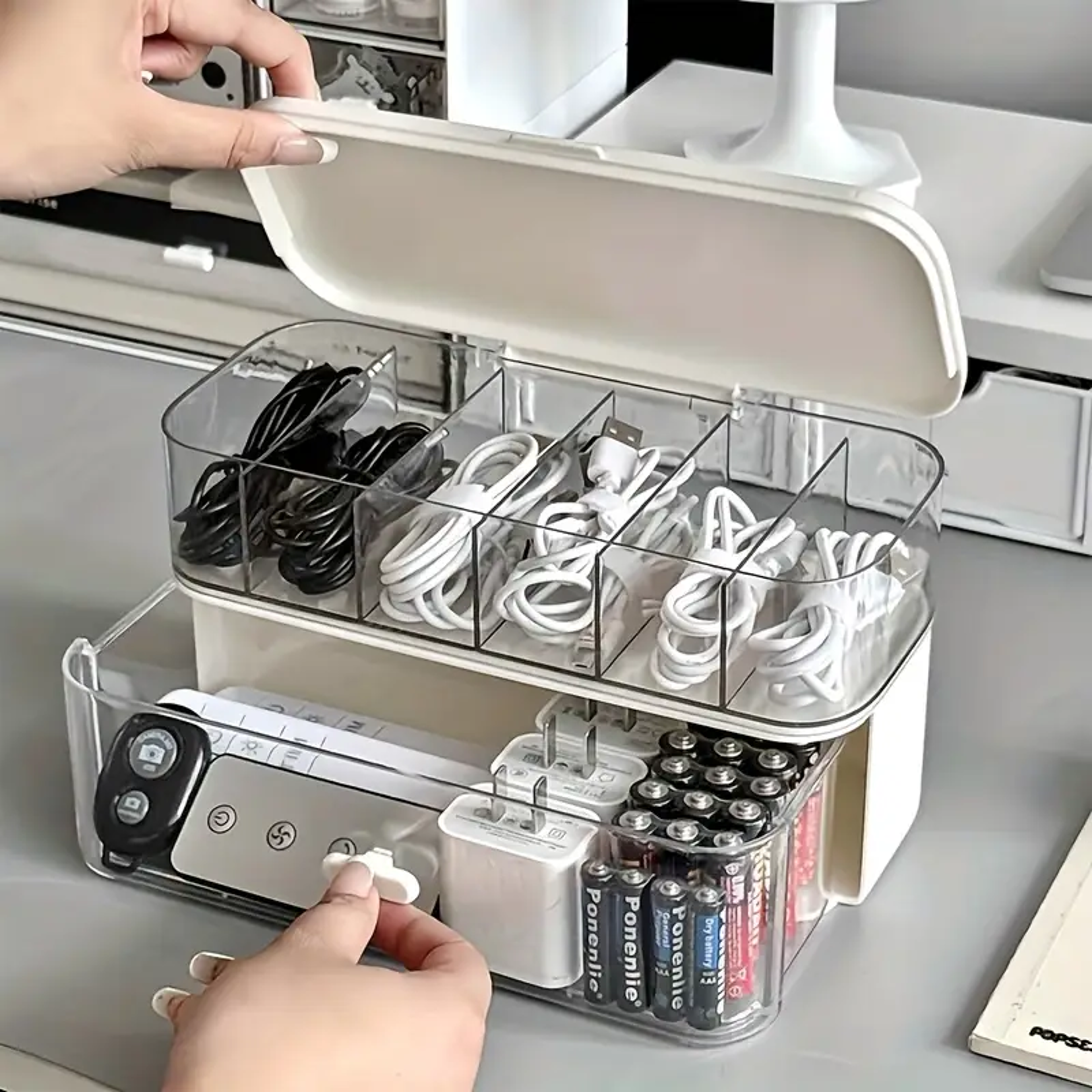 transparent cable organizer box, double layer plastic storage box for desk and office accessories