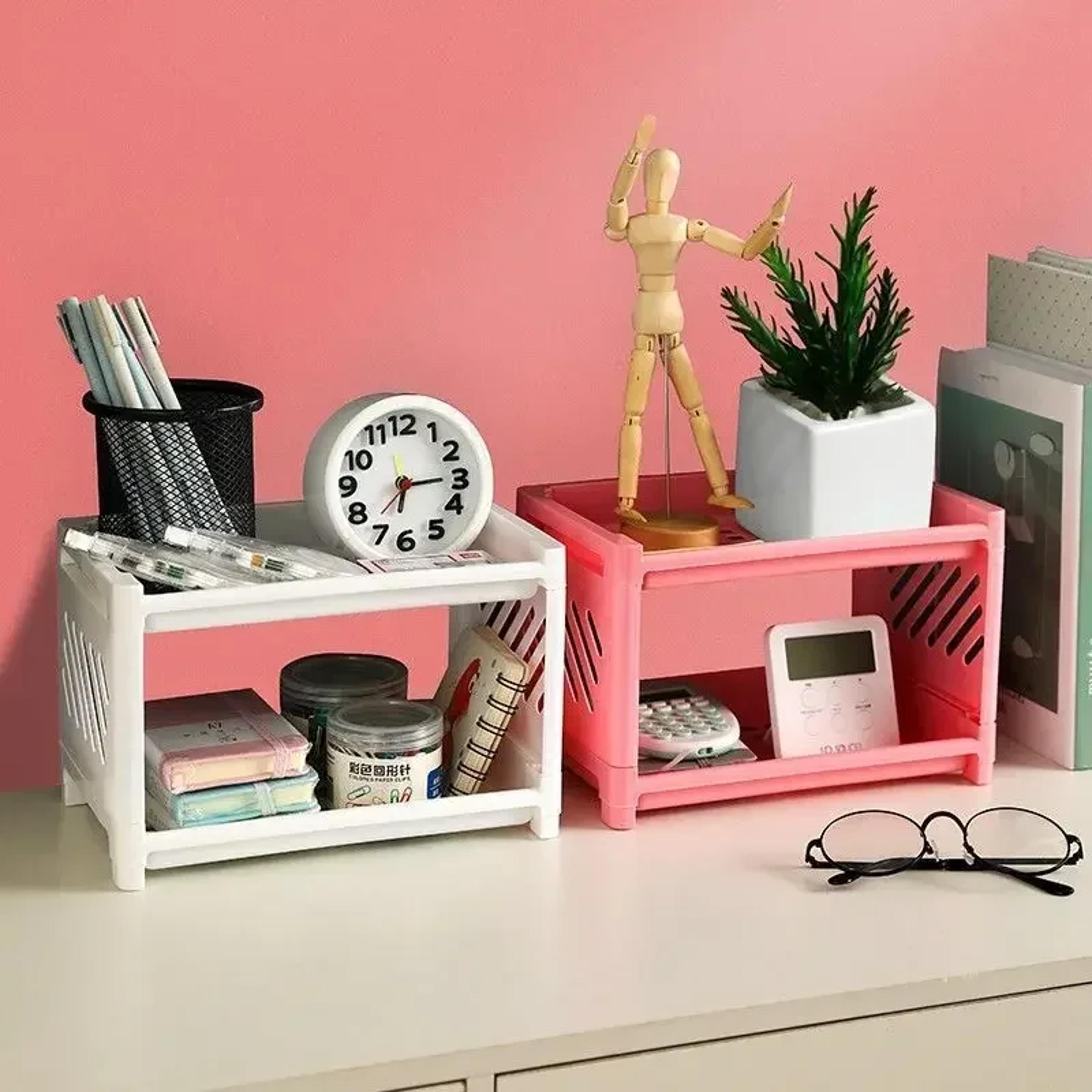 2-tier office organizer with hollow design, multifunctional desktop storage rack for stationery