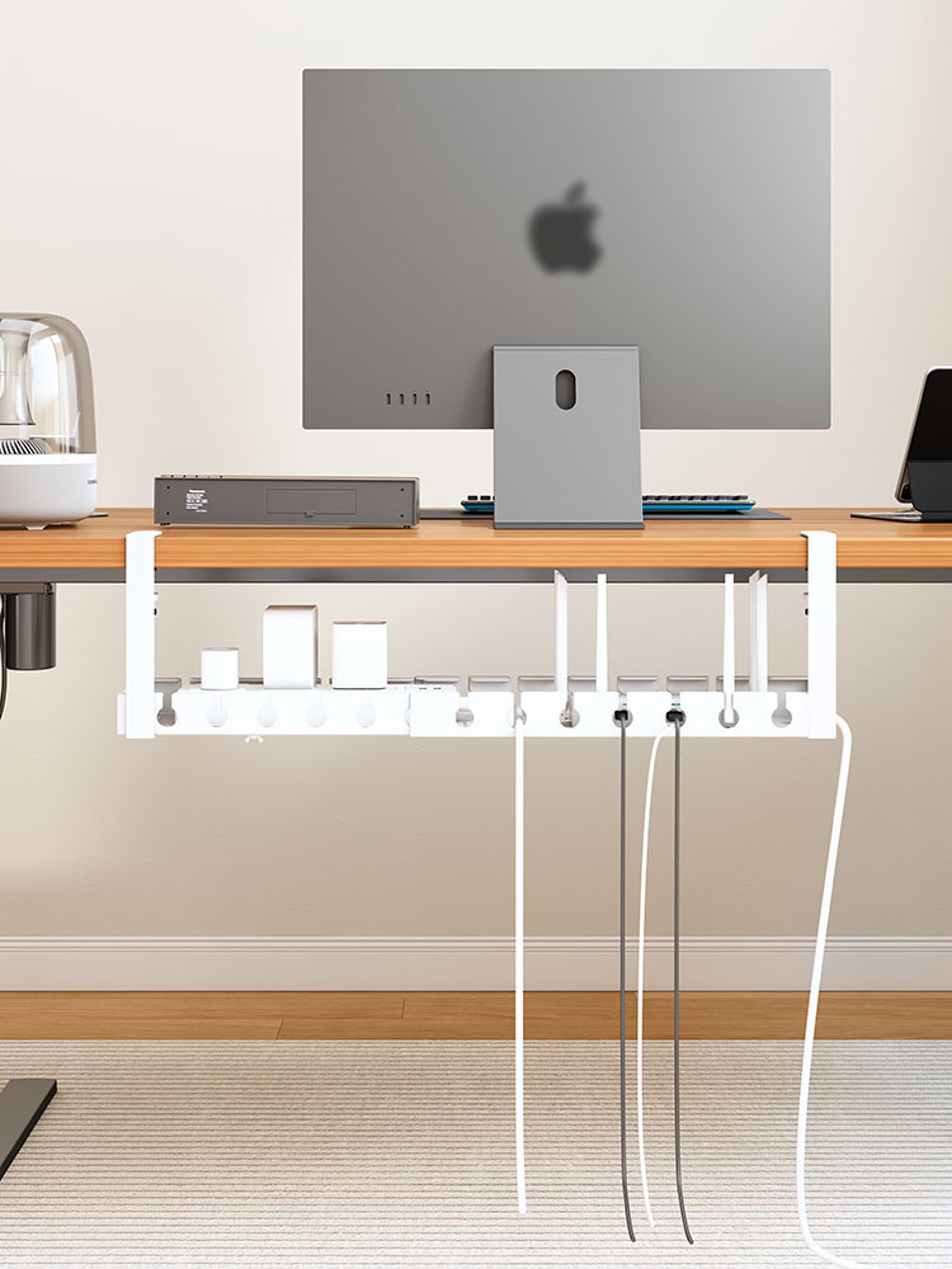 extendable steel under desk cable management tray, power strip cord holder for wire organization
