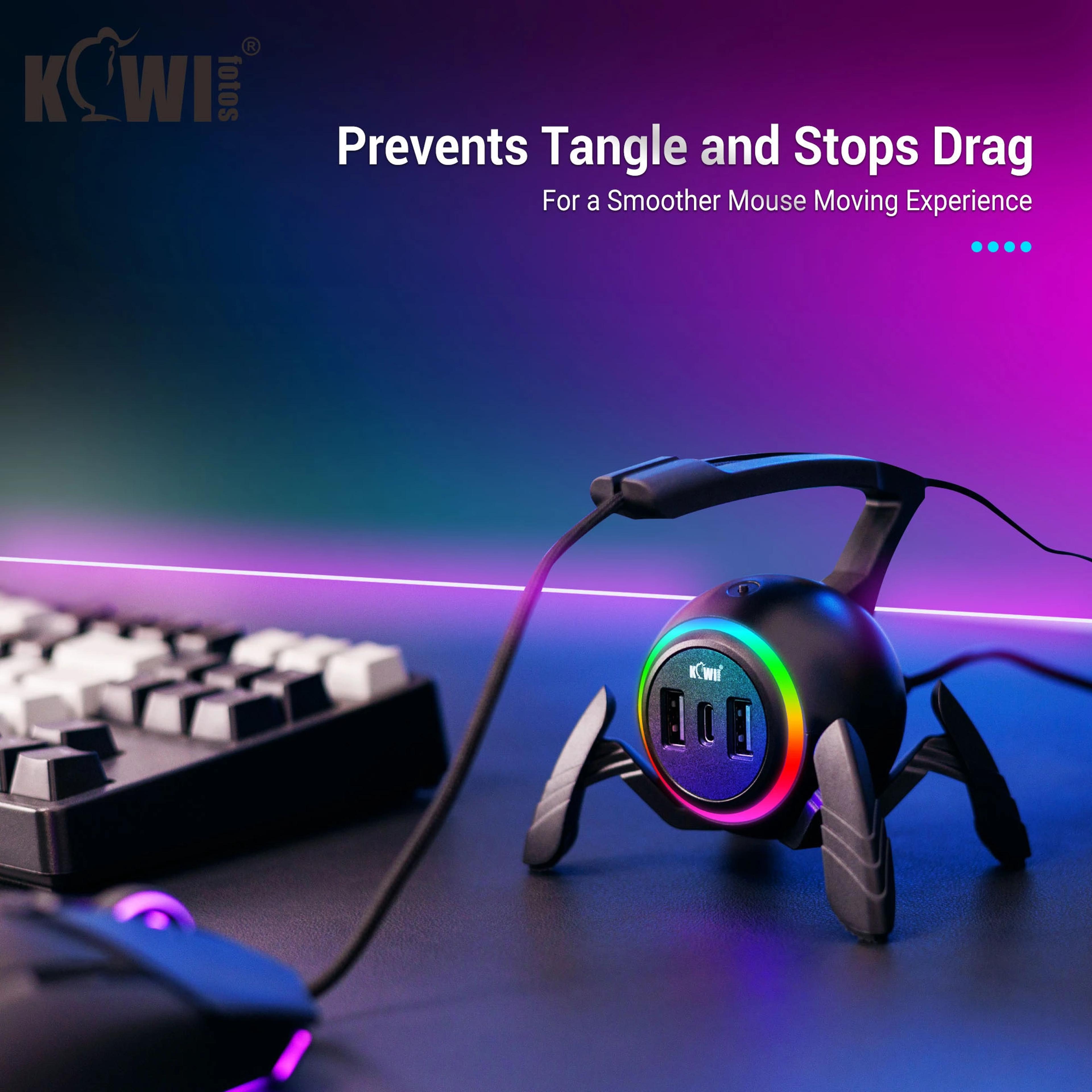 mouse bungee anti-winding for pc gaming, rgb lighting with type-c ports & 2 usb ports, anti-slip feet mouse cable holder